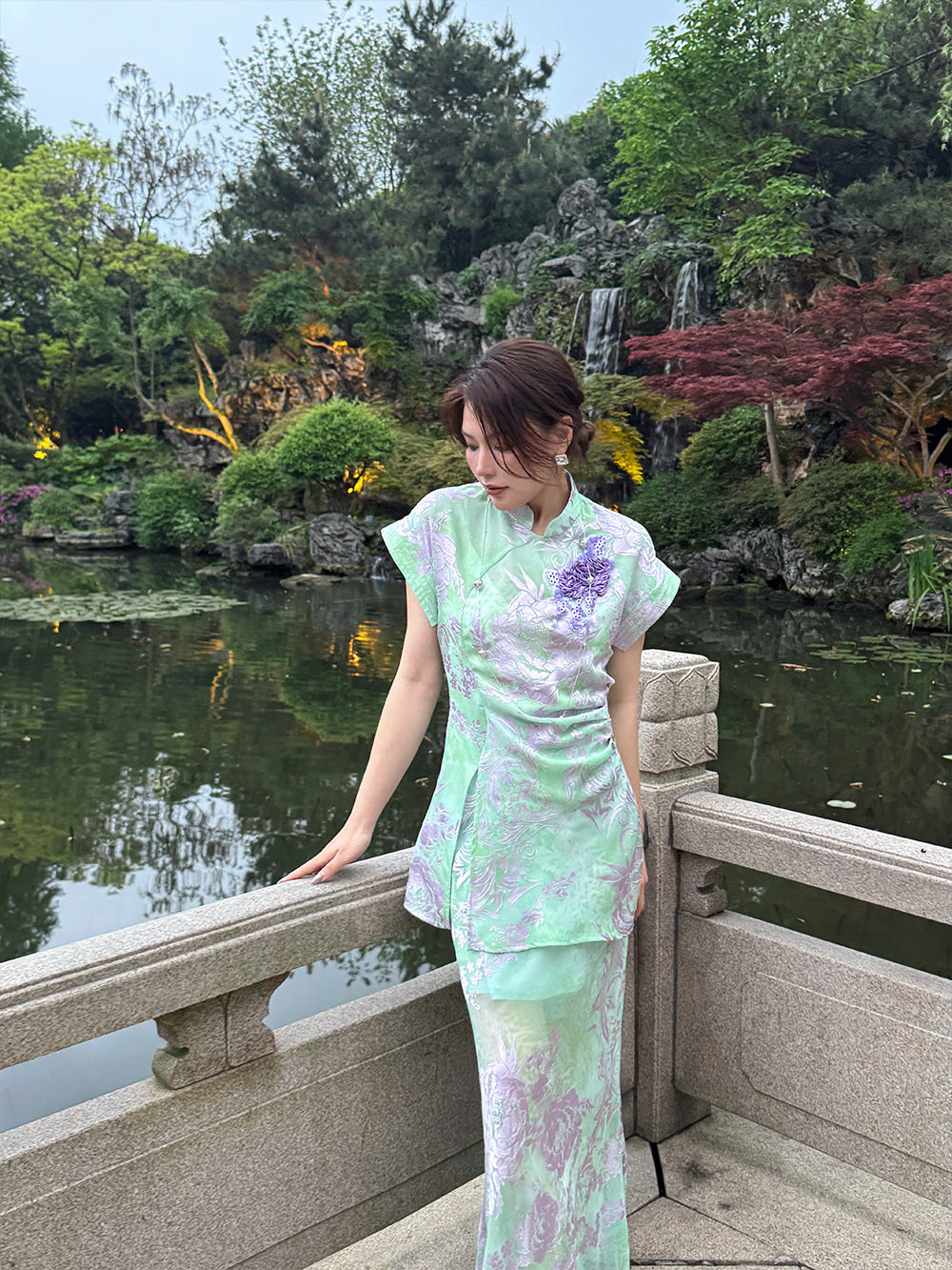MUKZIN "Capsule Collection" New‑Chinese Style Jacquard Modified Qipao Short‑Sleeve Set Midi Skirt