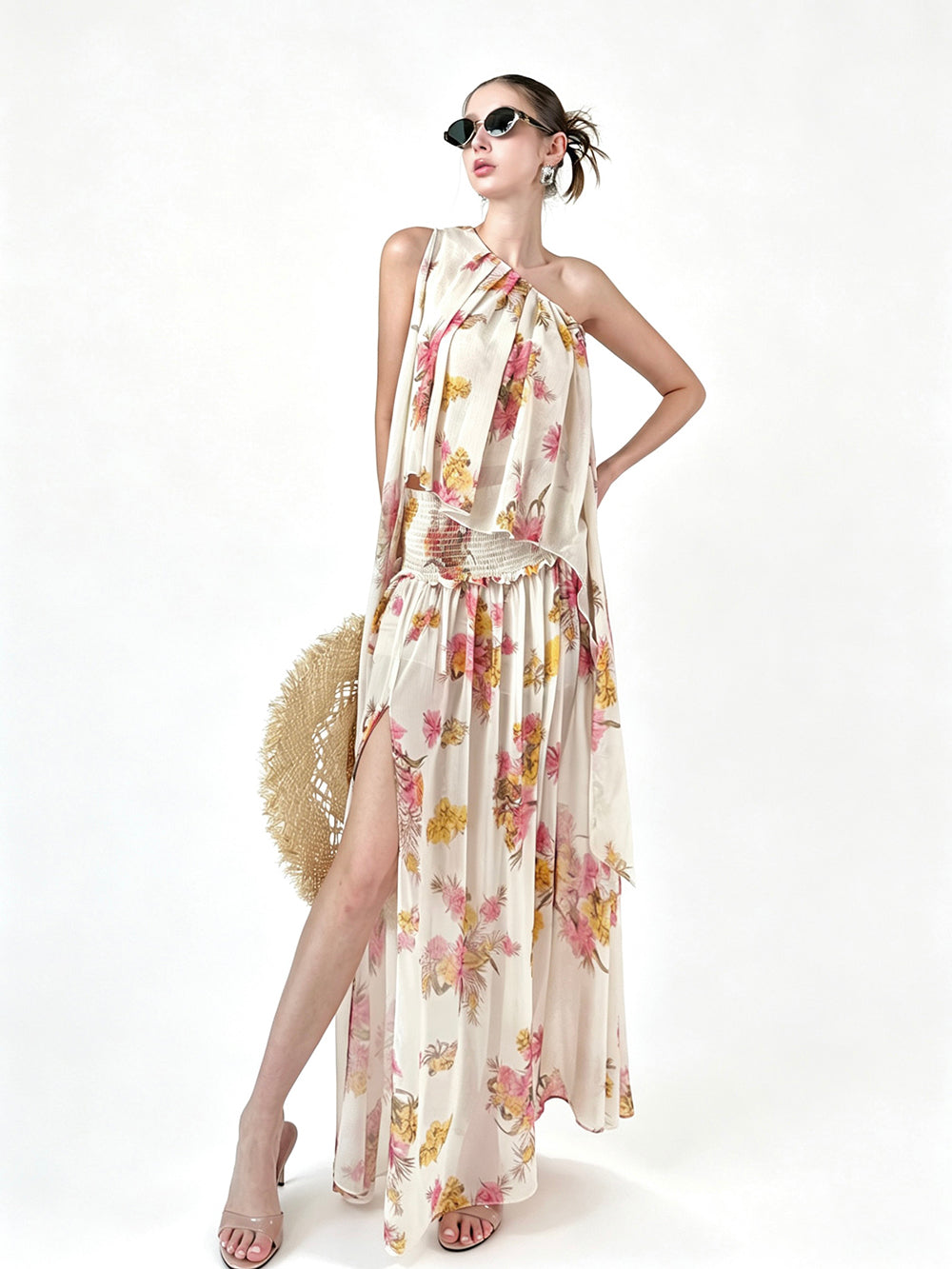 MUKTANK × Jqwention Floral Chiffon Halter Vacation Cami & Midi Skirt Two-Piece Skirt