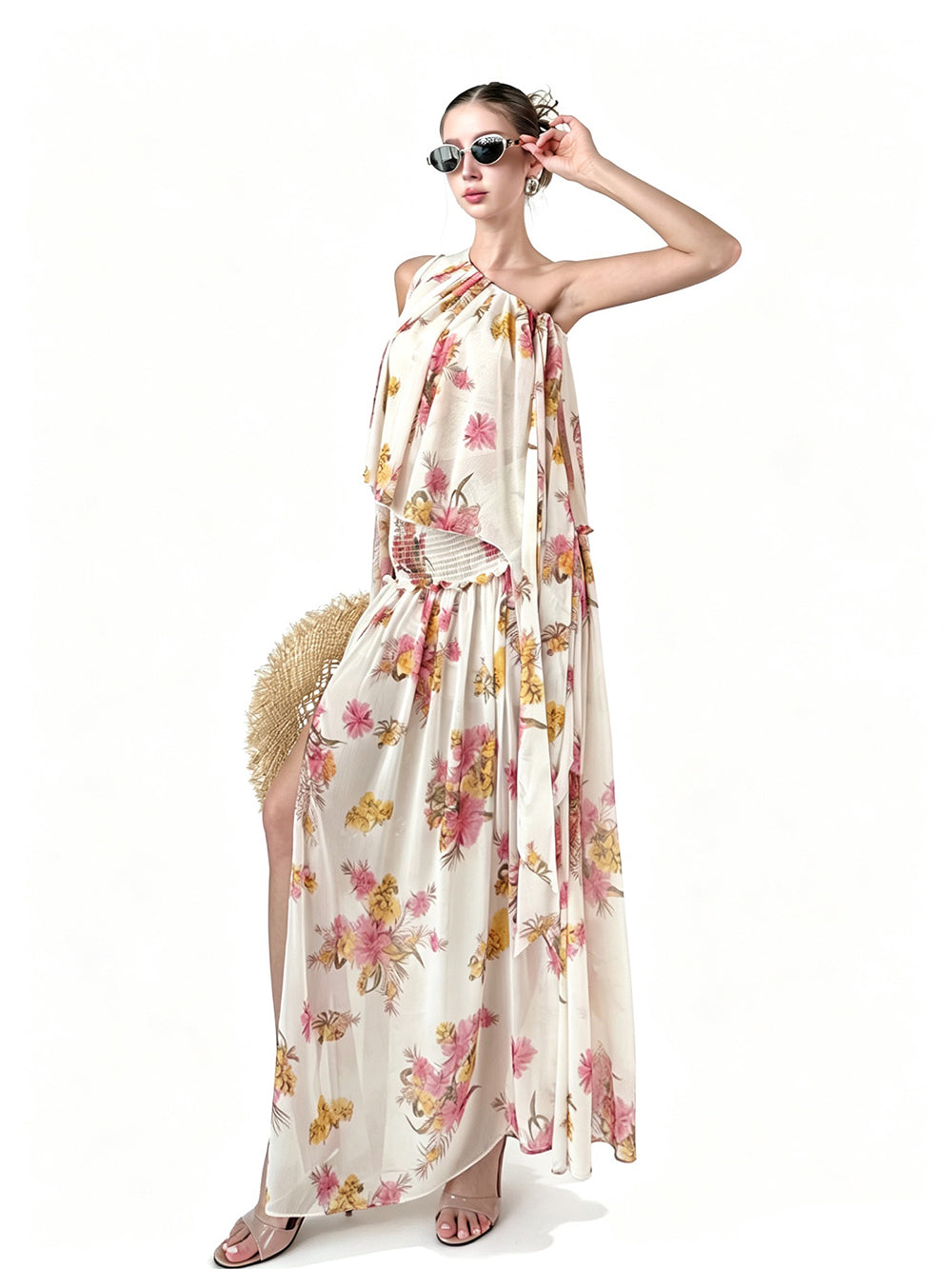 MUKTANK × Jqwention Floral Chiffon Halter Vacation Cami & Midi Skirt Two-Piece Skirt
