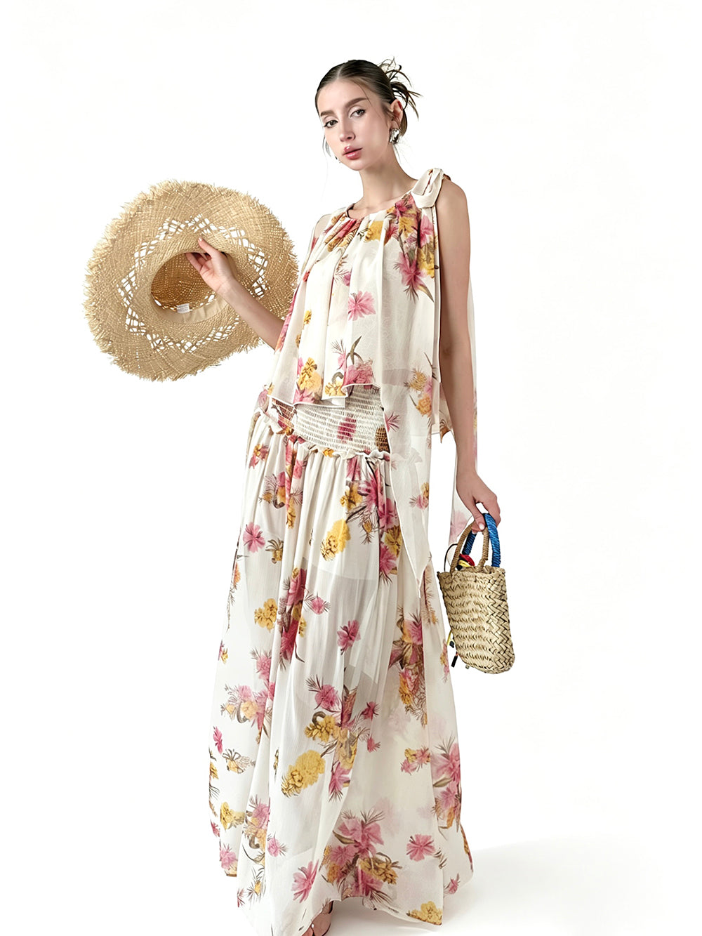 MUKTANK × Jqwention Floral Chiffon Halter Vacation Cami & Midi Skirt Two-Piece Skirt