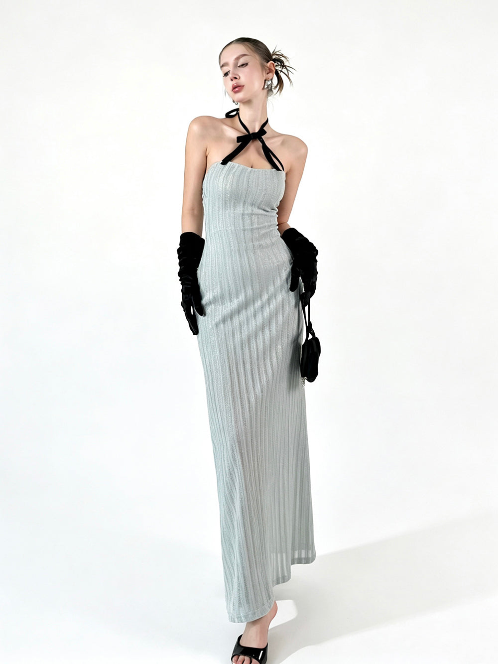 MUKTANK × Jqwention Blue Bow Bustier Slim Elegant Maxi Dress