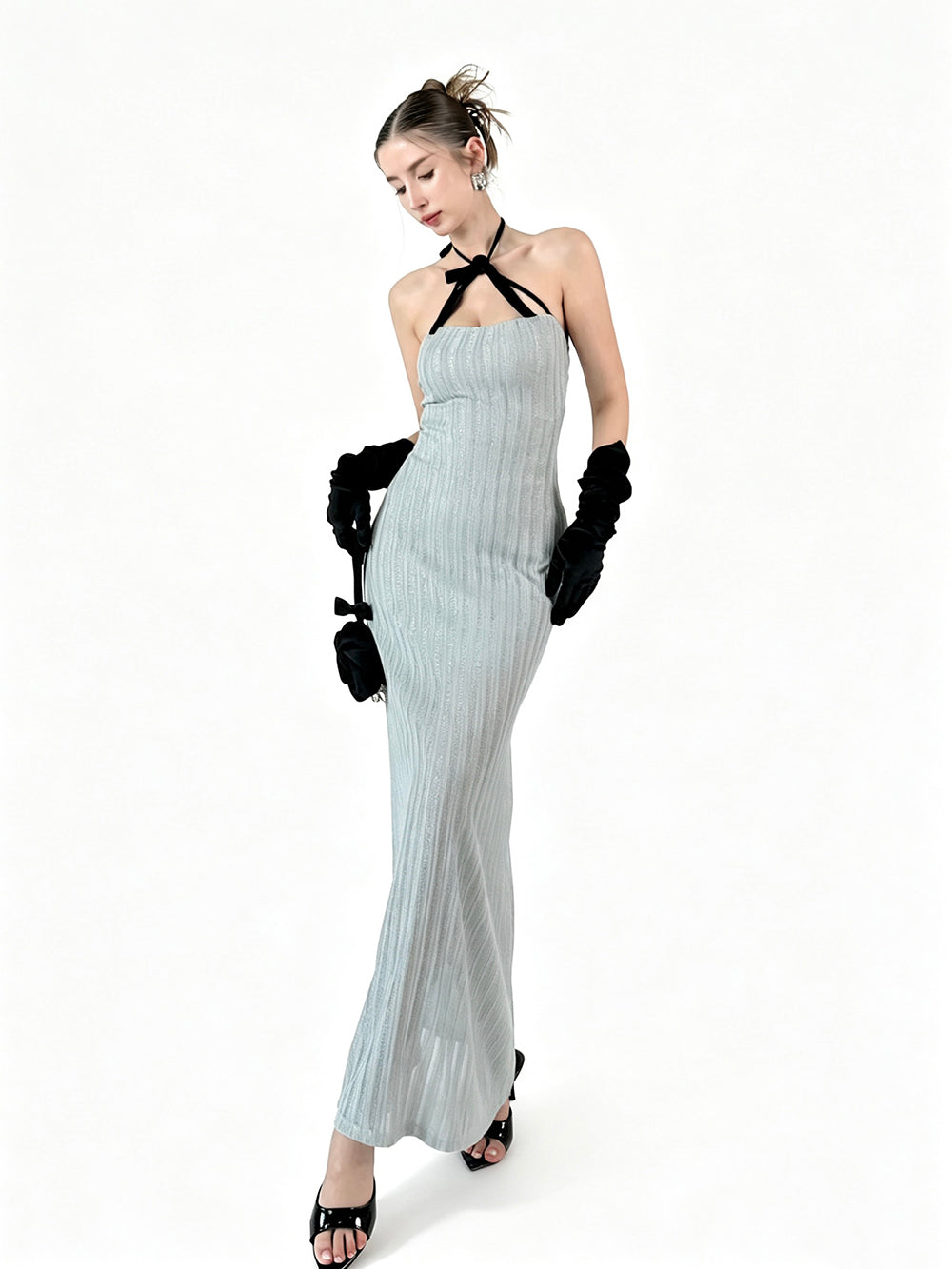 MUKTANK × Jqwention Blue Bow Bustier Slim Elegant Maxi Dress
