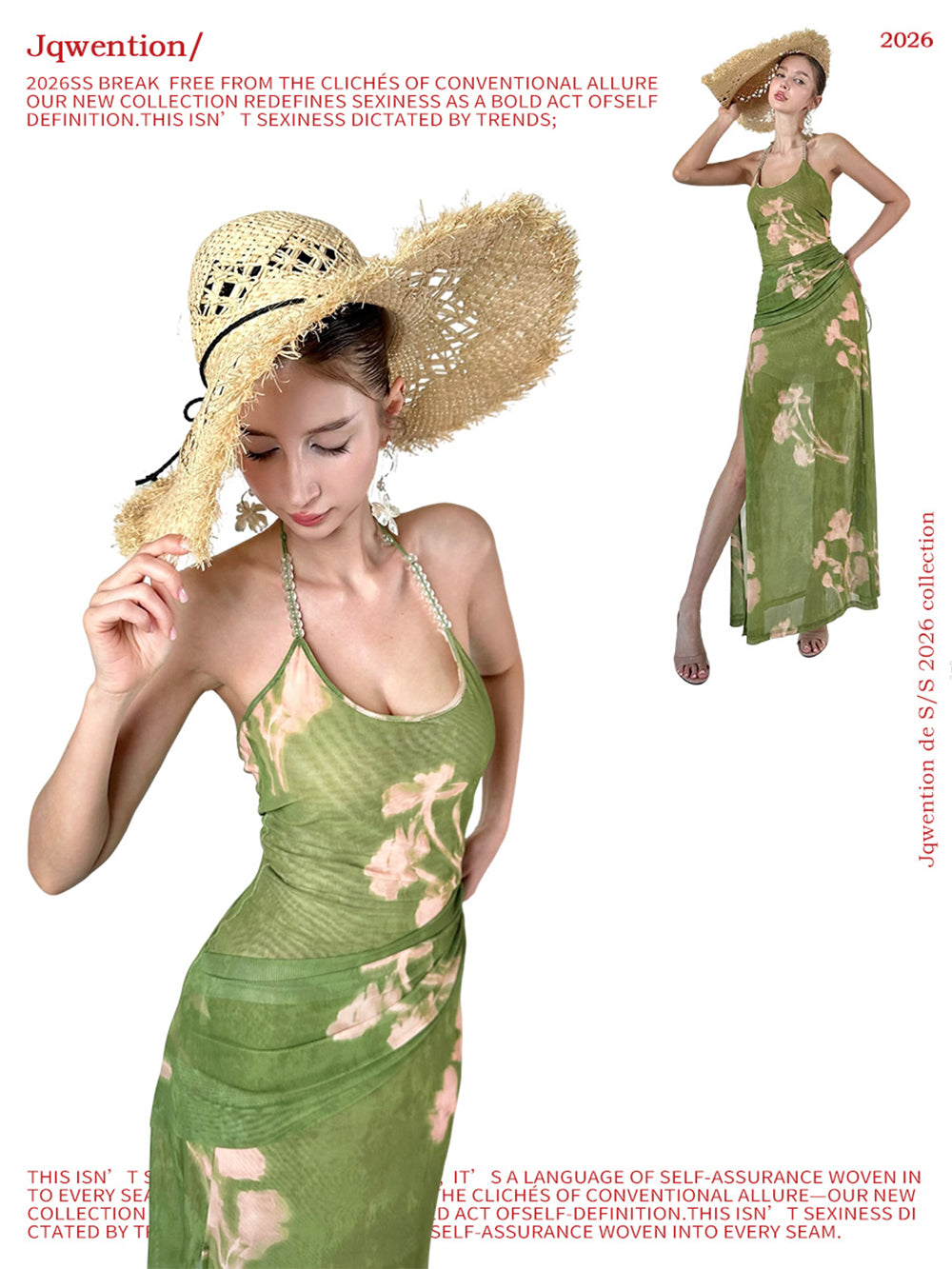 MUKTANK × Jqwention Summer Floral Print Halter U-Neck Slim Vacation Midi Dress