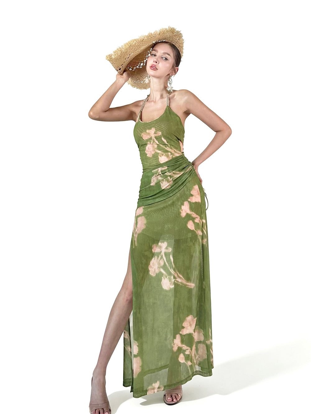 MUKTANK × Jqwention Summer Floral Print Halter U-Neck Slim Vacation Midi Dress