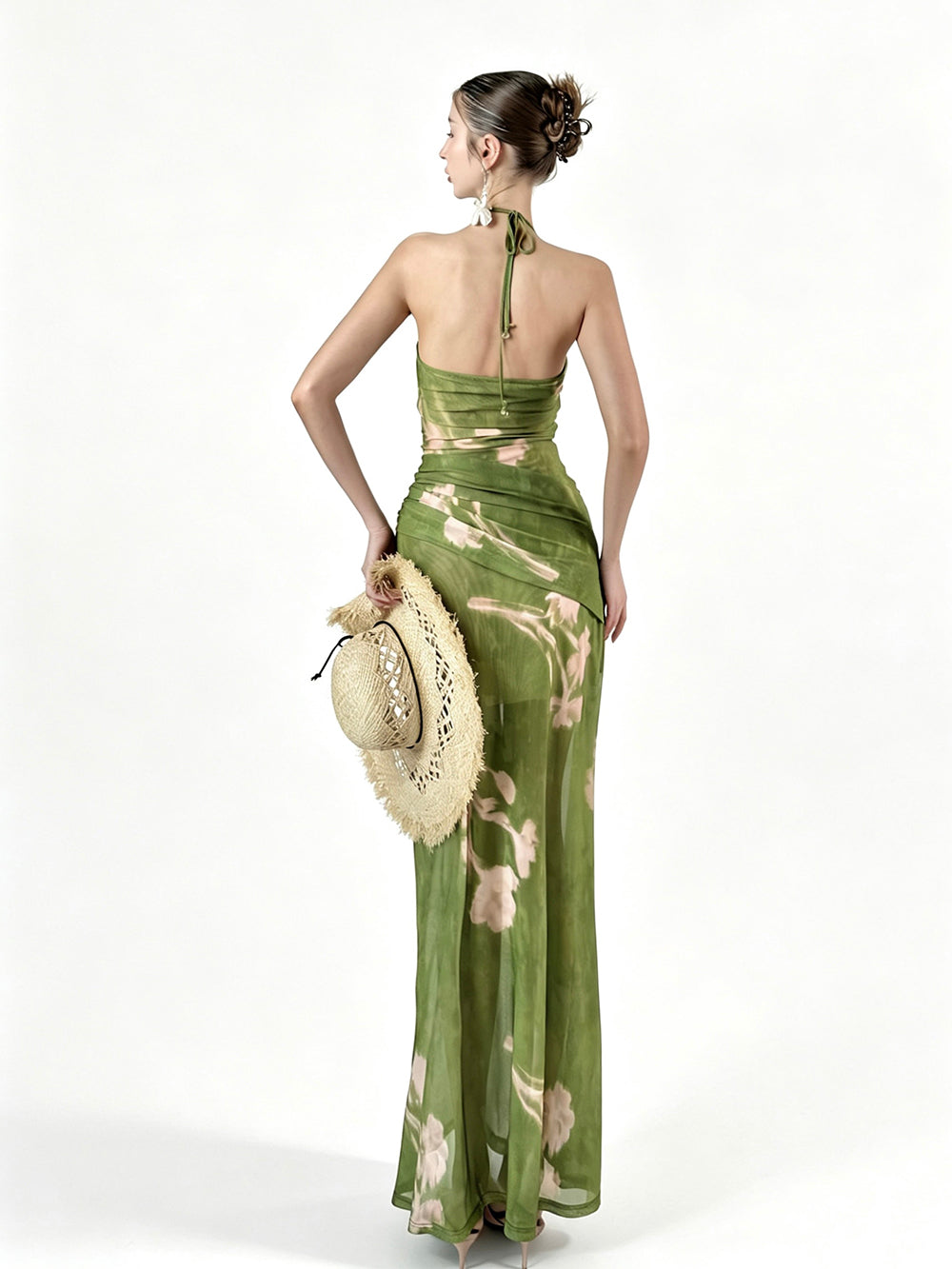 MUKTANK × Jqwention Summer Floral Print Halter U-Neck Slim Vacation Midi Dress