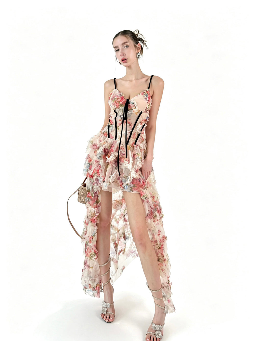 MUKTANK × Jqwention Summer Floral Halter V-Neck Waisted Flared Dress