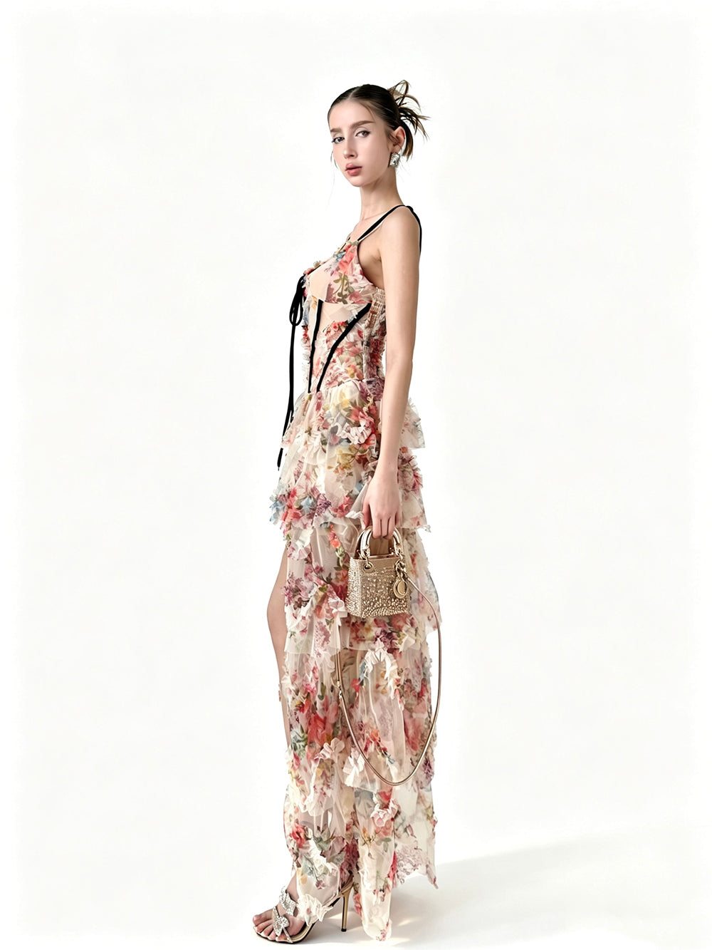 MUKTANK × Jqwention Summer Floral Halter V-Neck Waisted Flared Dress