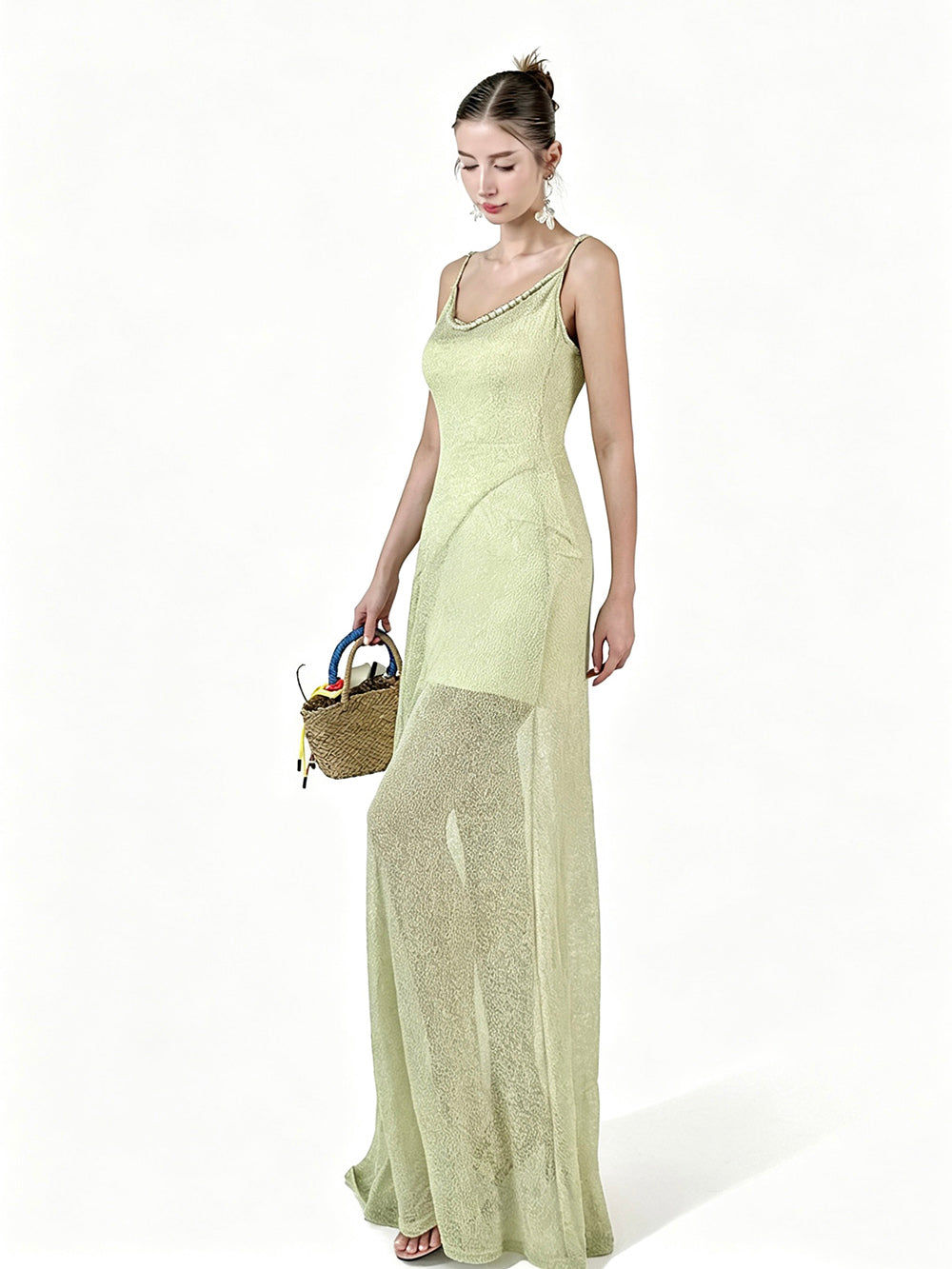 MUKTANK×Jqwention Pale Green Beaded Camisole Slim Designer Elegant Maxi Dress