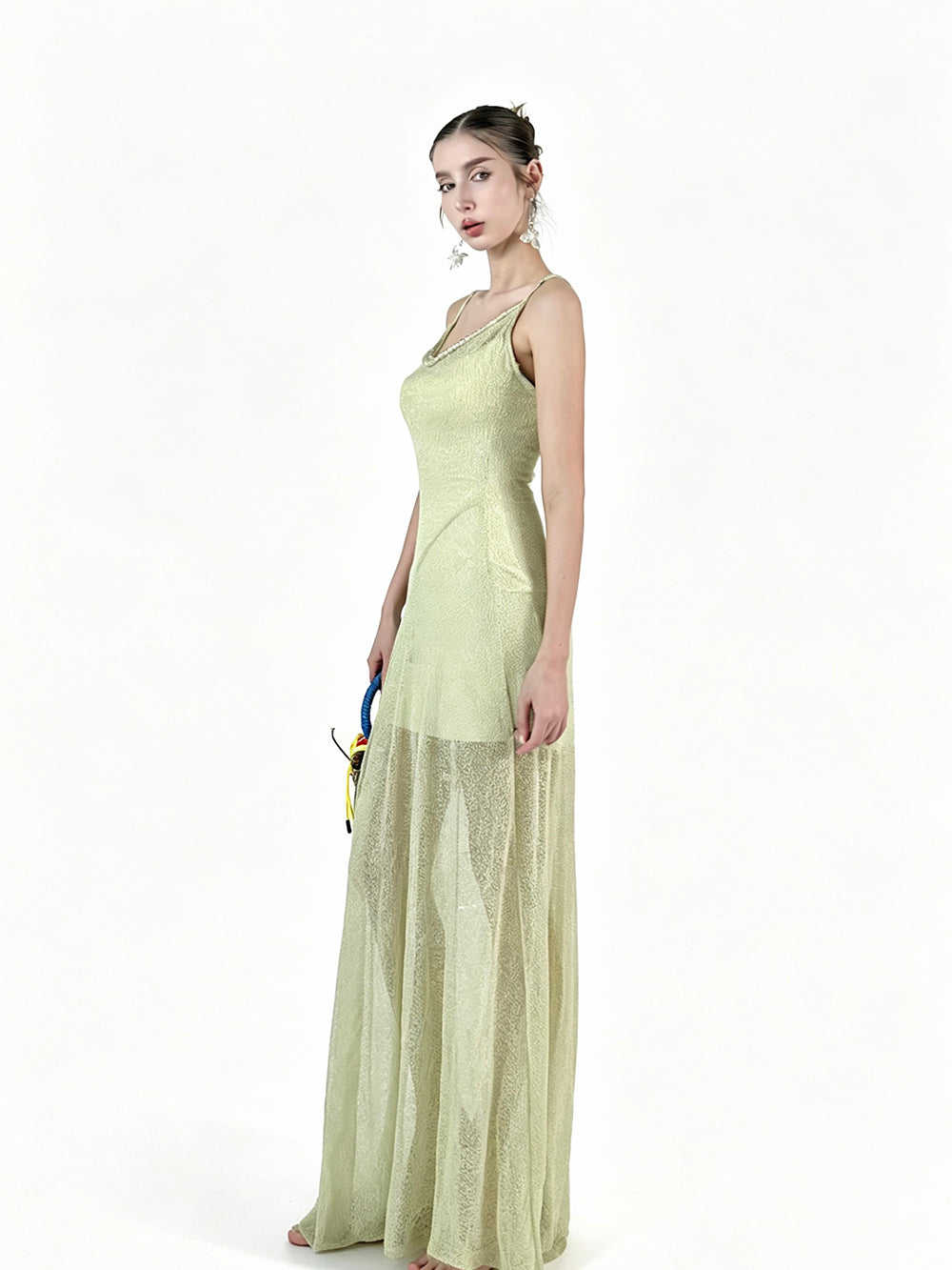 MUKTANK×Jqwention Pale Green Beaded Camisole Slim Designer Elegant Maxi Dress