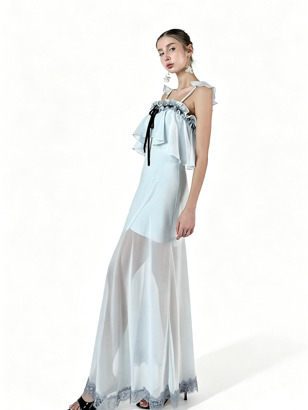 MUKTANK×Jqwention French Blue Ruffle Camisole Slim Fairy Elegant Dress