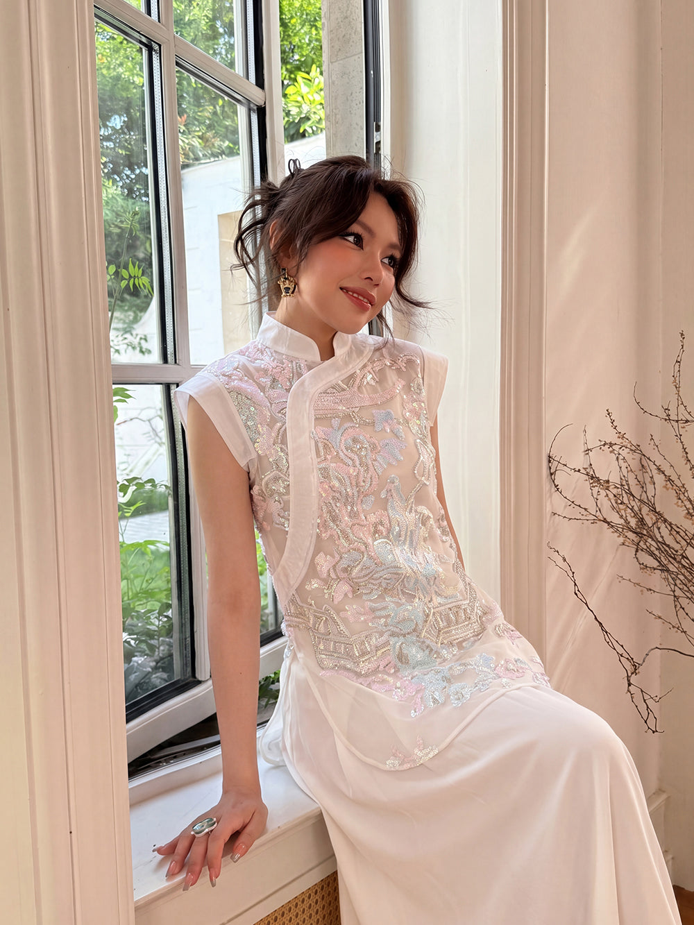 MUKZIN×Capsule Collection New Chinese-style embroidered white modified cheongsam dress