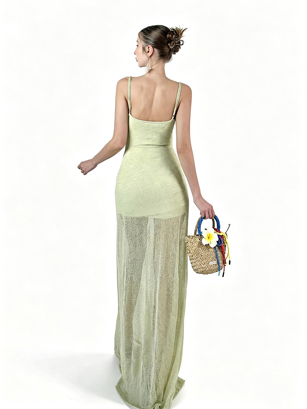 MUKTANK×Jqwention Pale Green Beaded Camisole Slim Designer Elegant Maxi Dress