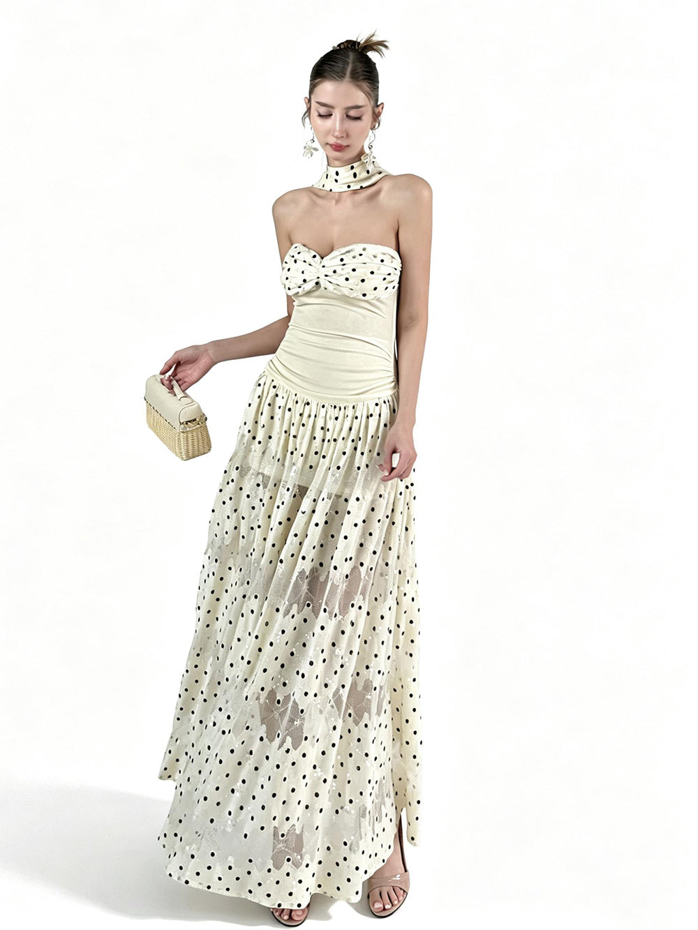 MUKTANK×Jqwention French Polka Dot Bandeau Vintage Sequin Halter Slim Dress