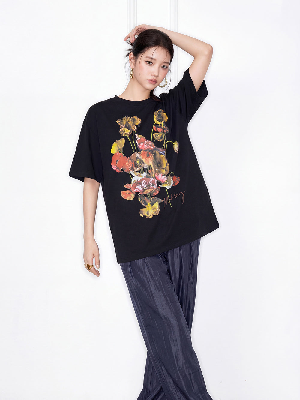 MUKZIN "Flourishing Blooms" Chinese Trend Artistic Floral Loose Black Short-Sleeve T-Shirt