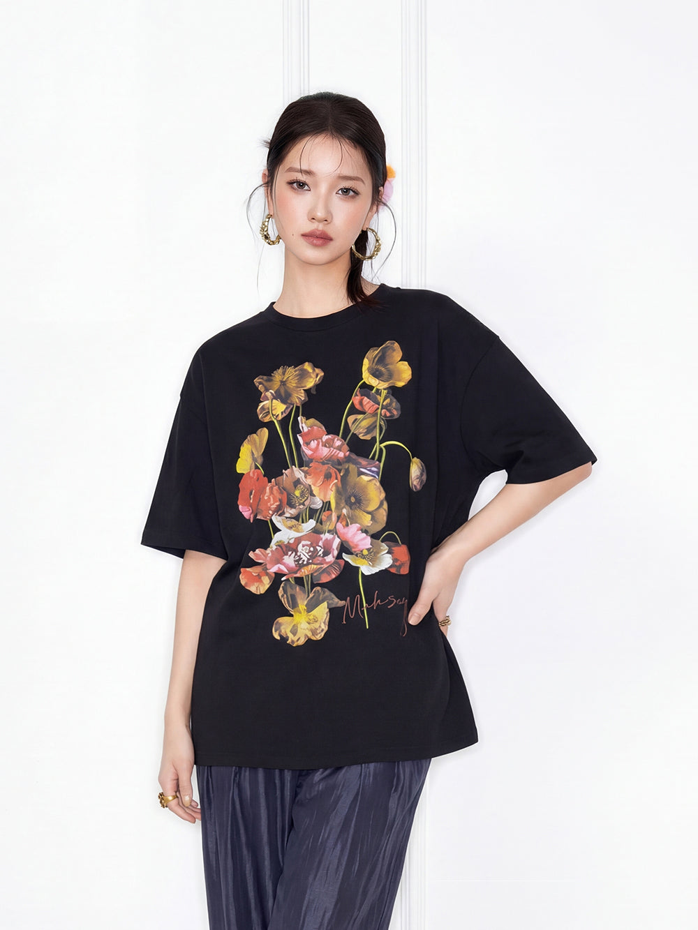 MUKZIN "Flourishing Blooms" Chinese Trend Artistic Floral Loose Black Short-Sleeve T-Shirt