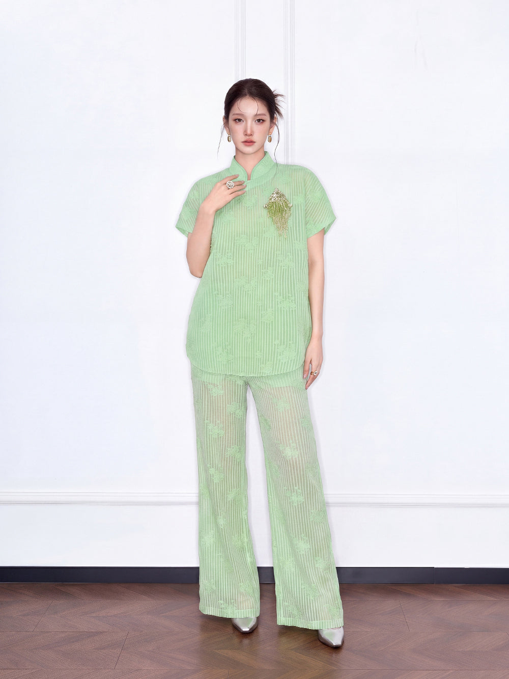 MUKZIN×Capsule Collection Modern Chinese Shirt Set with ICH Hami Hand Embroidery