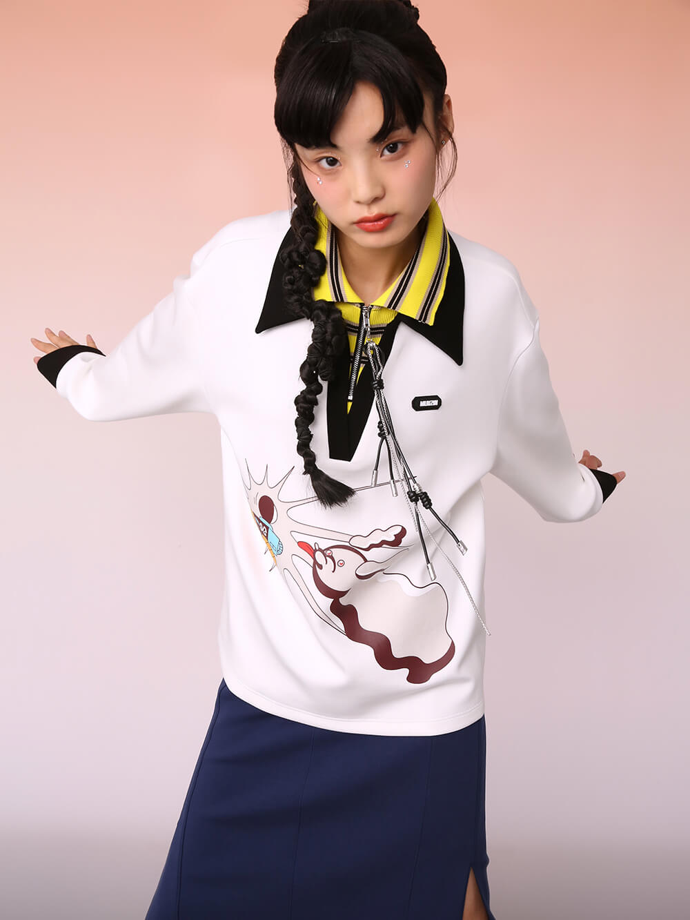 MUKIZN Mid-Length White Double-Neck Polo Sweatshirt