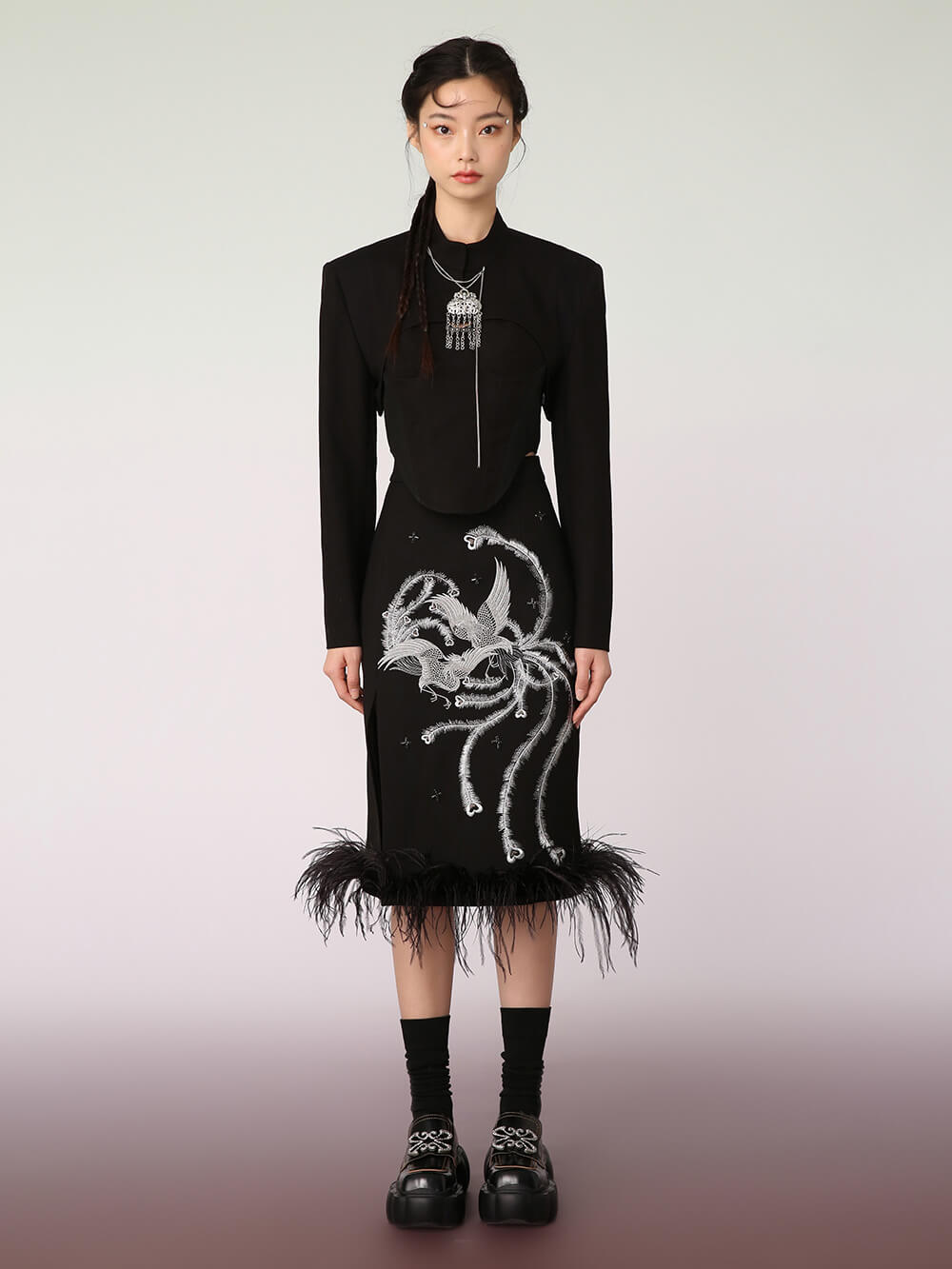 MUKZIN Mid-Length Black Embroidered Skirt