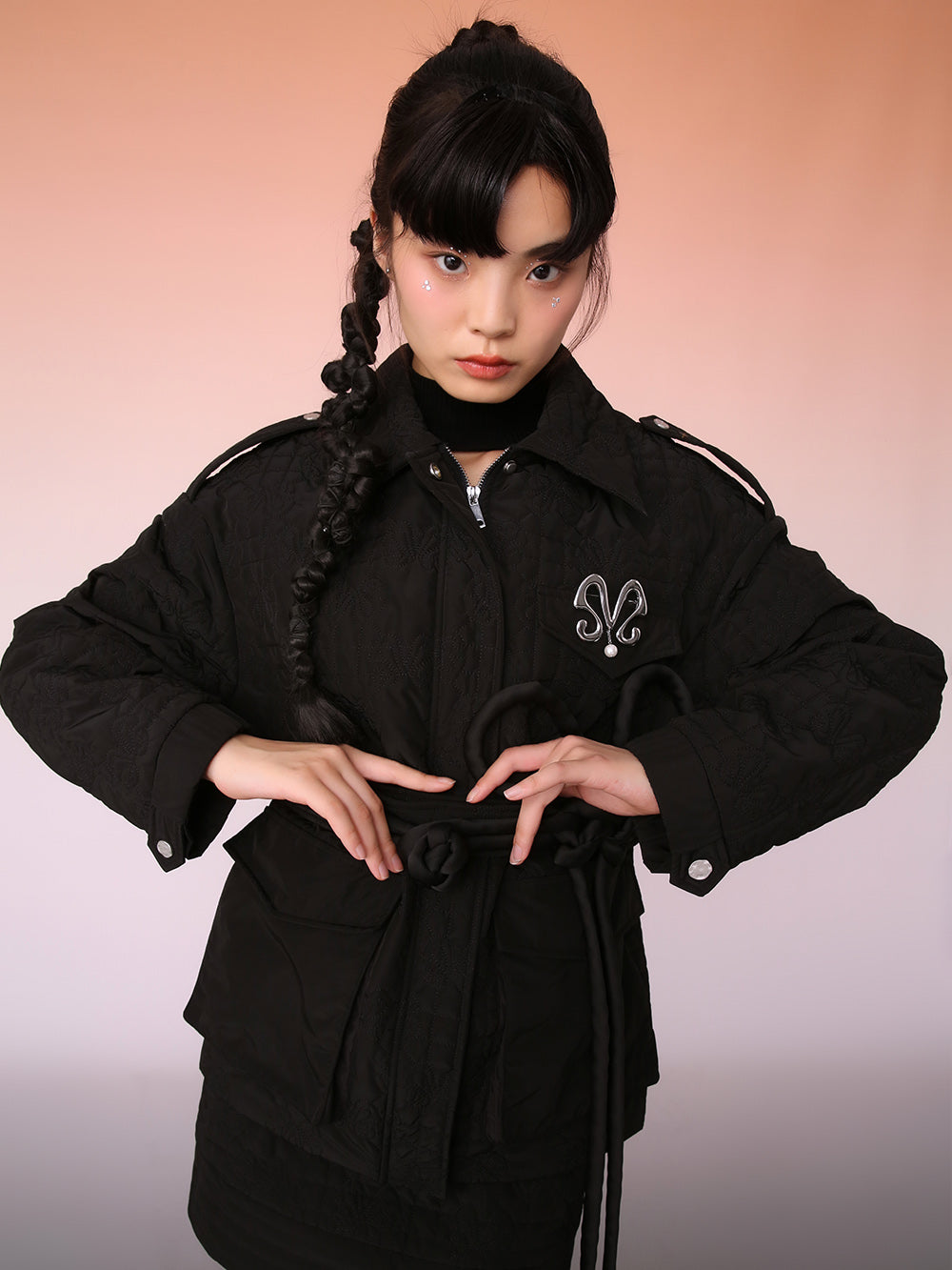 MUKZIN Black Knit Jacquard Jacket with Waist Panel