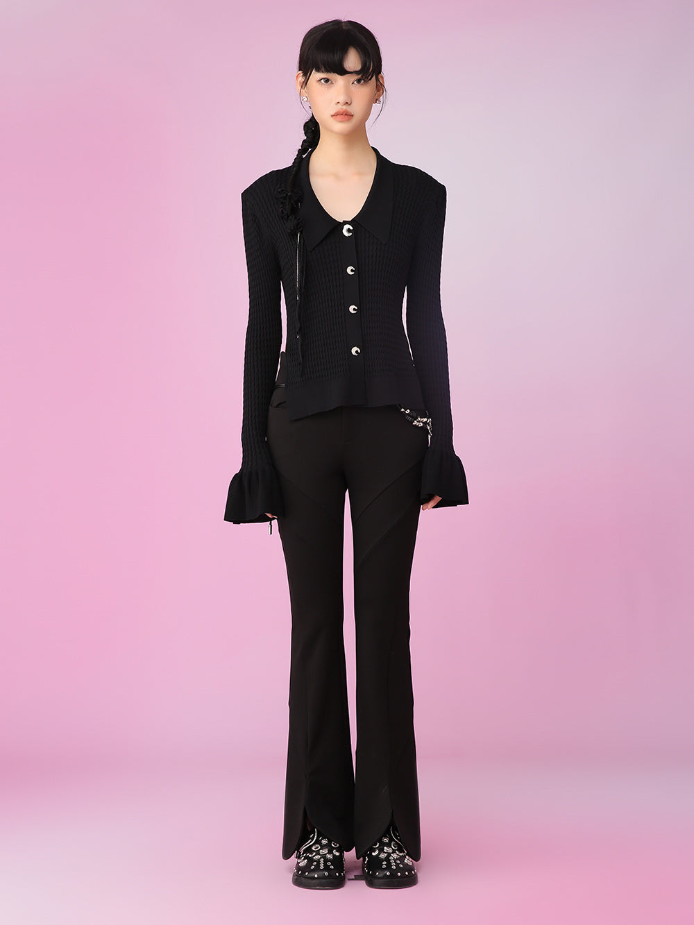 MUKZIN Black Look-thin V-neck Trumpet Sleeve Cardigan