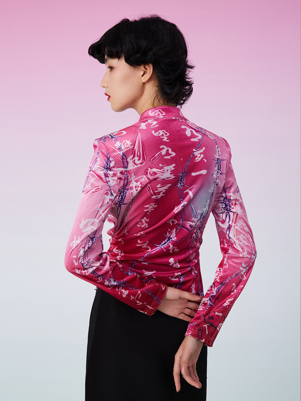 MUKZIN Retro Ruched Print Pink Shirt