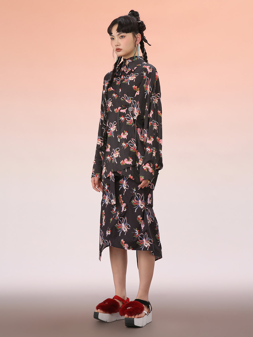 MUKZIN Mid-Length Printed Tiered Skirt