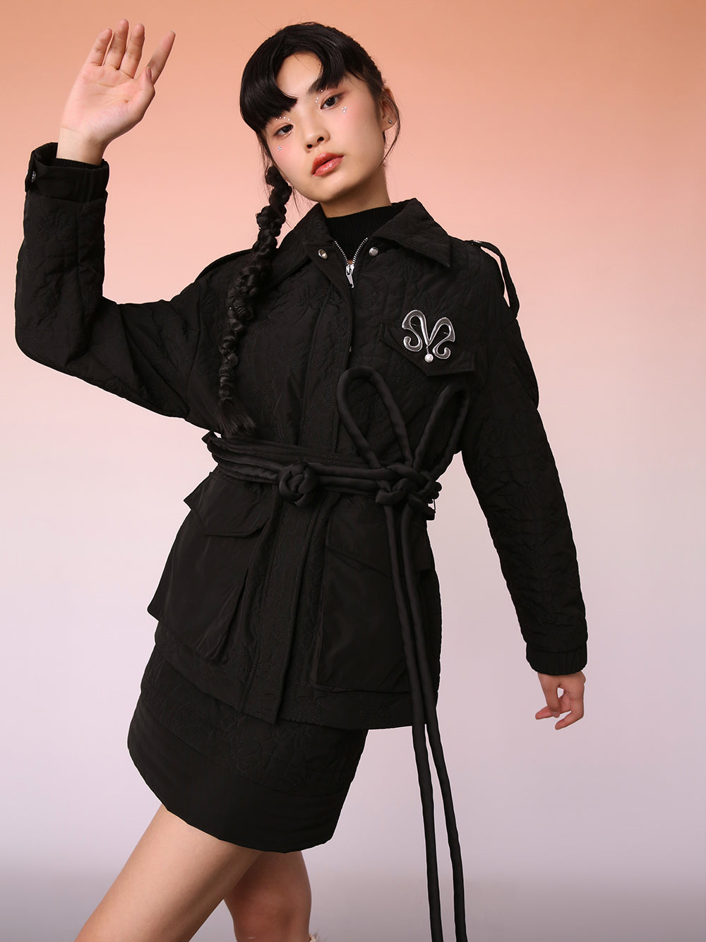 MUKZIN Black Knit Jacquard Jacket with Waist Panel