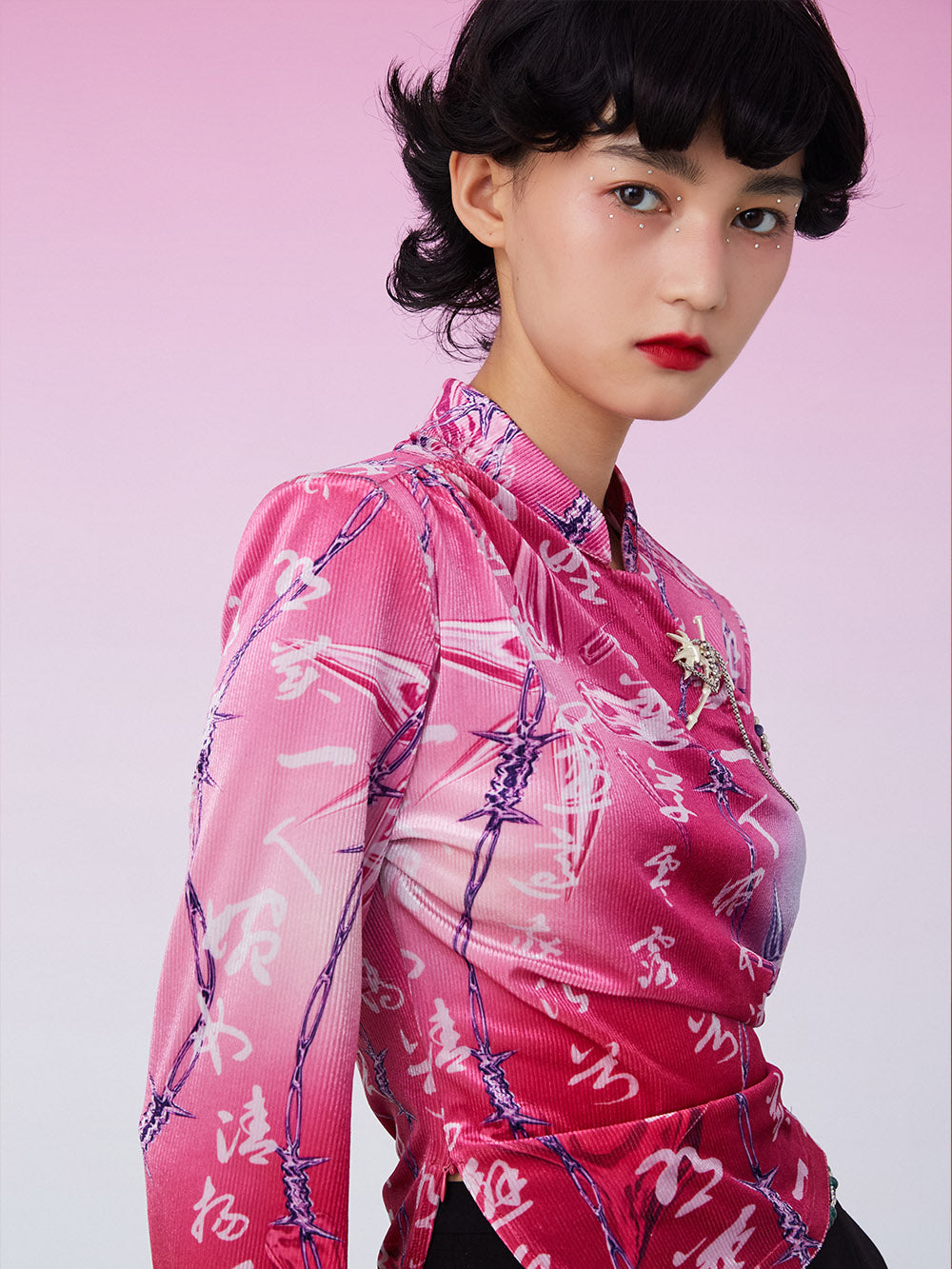 MUKZIN Retro Ruched Print Pink Shirt