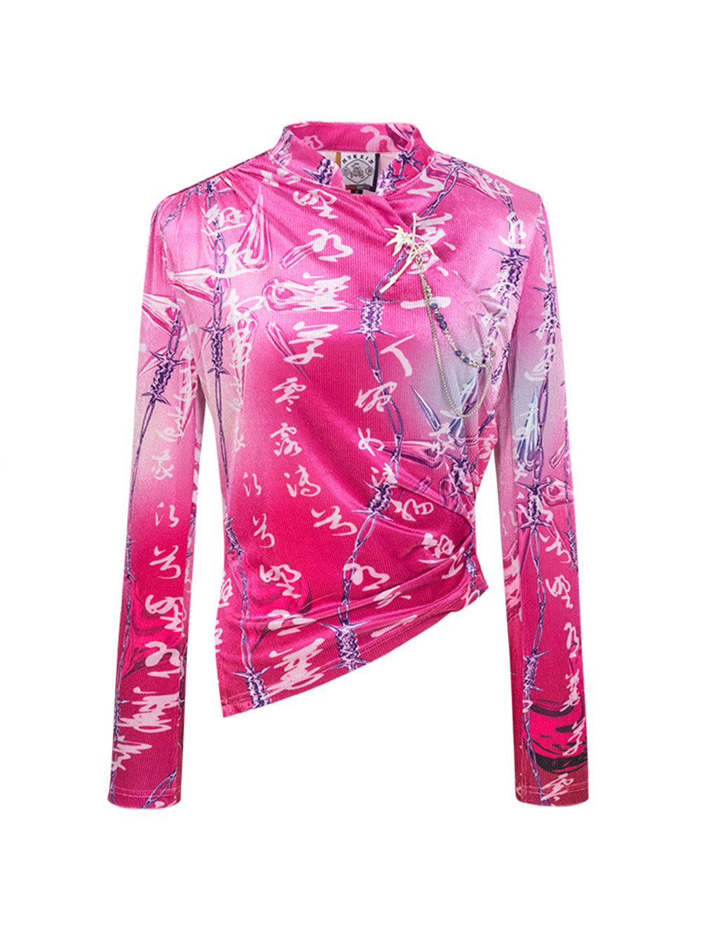 MUKZIN Retro Ruched Print Pink Shirt