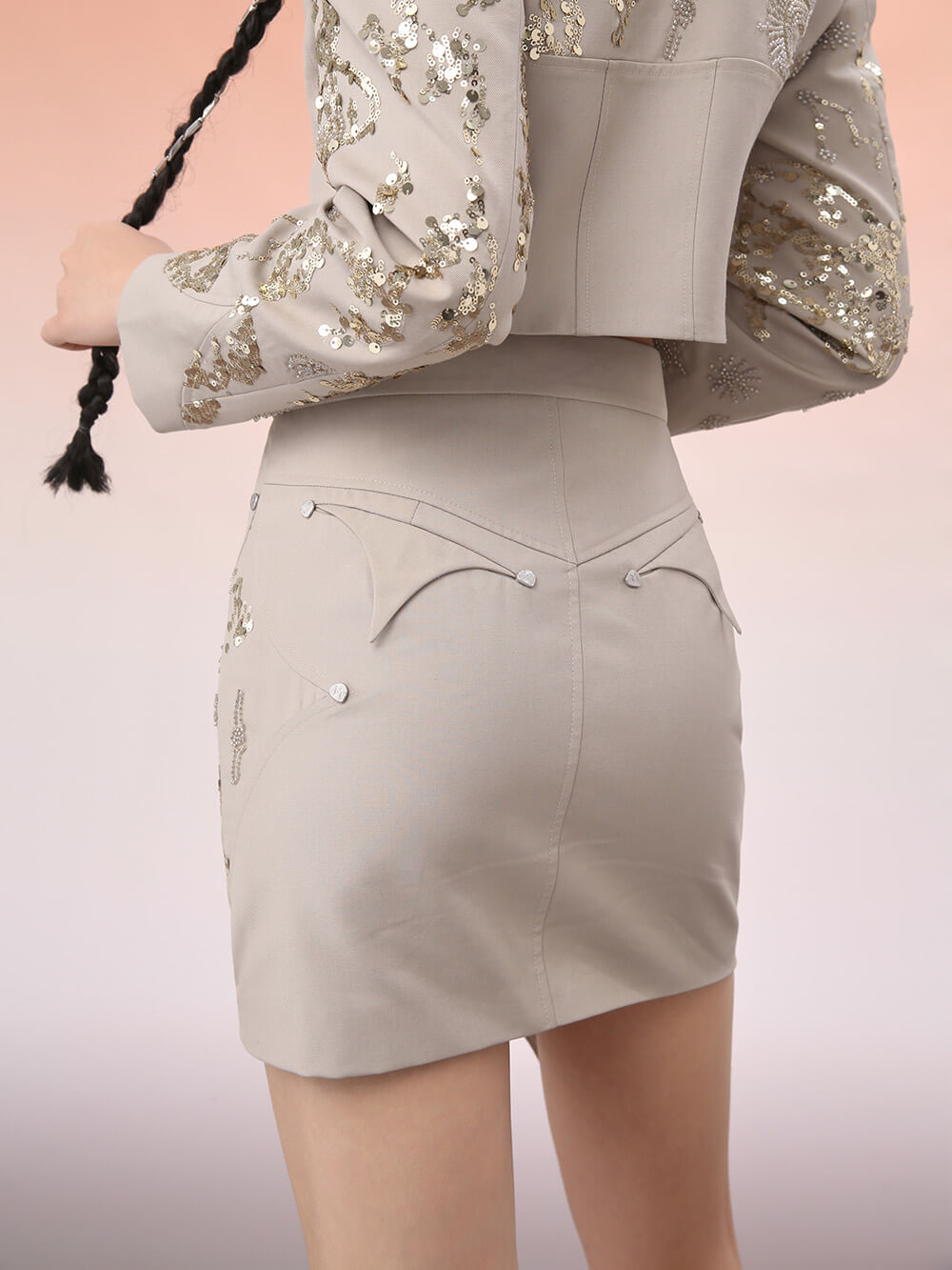 MUKZIN Short Asymmetric Paillette Skirt