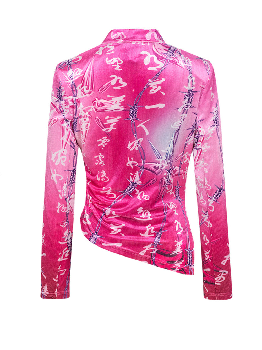 MUKZIN Retro Ruched Print Pink Shirt