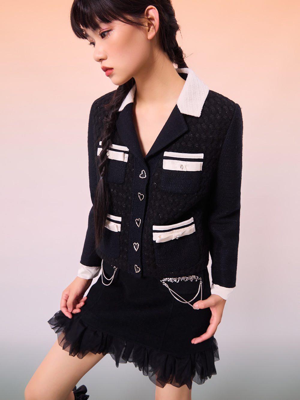 MUKZIN Black Wool Double-fabric Yarn Stitching Fashion Skirt