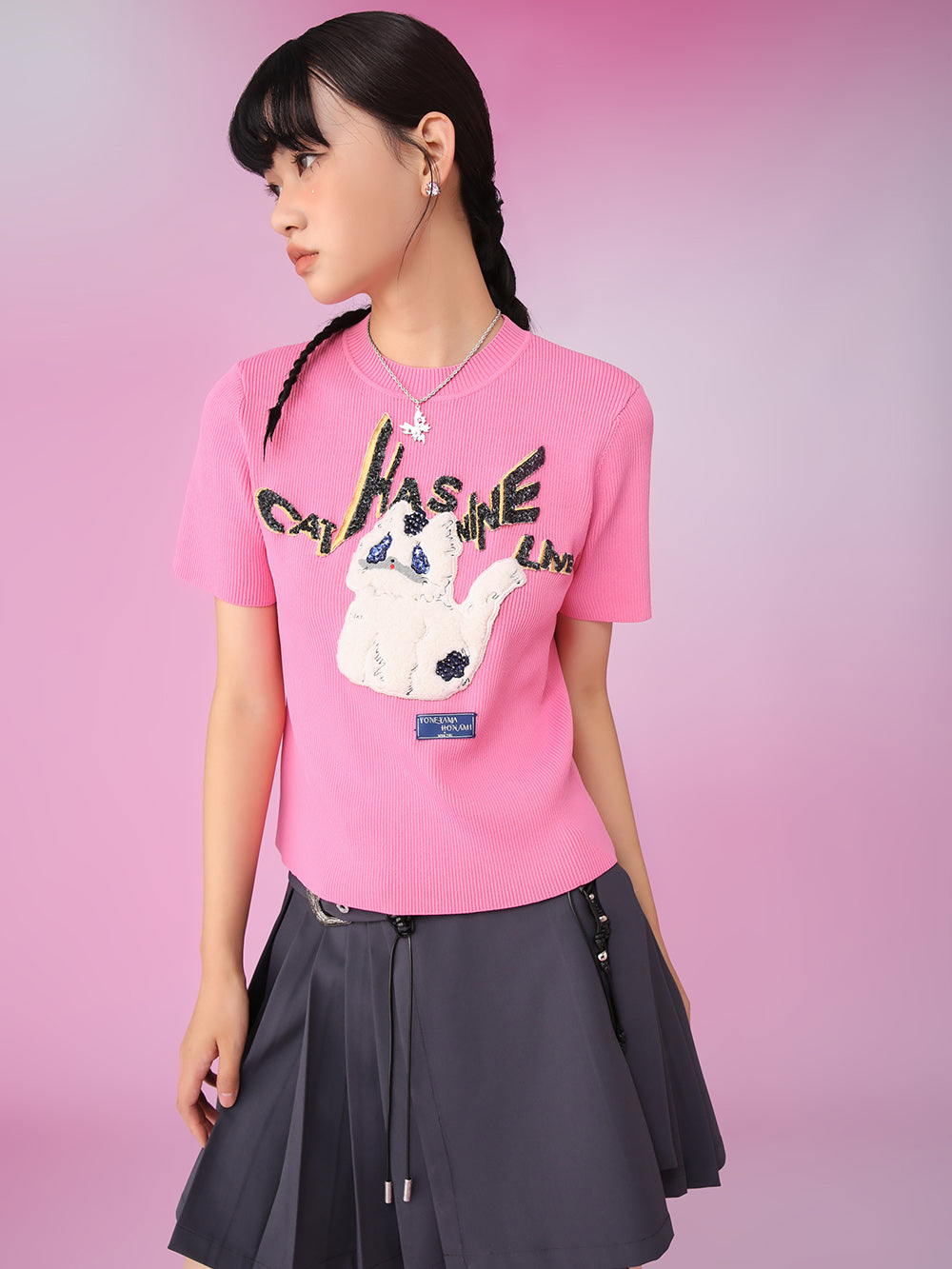 MUKZIN Pink Applique Embroidery Knit Short Round Neck T-shirts
