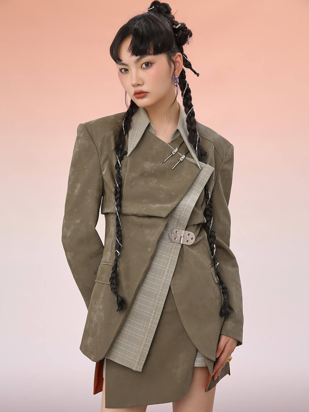MUKZIN Loose PU Patchwork Plaid Blazer Coat