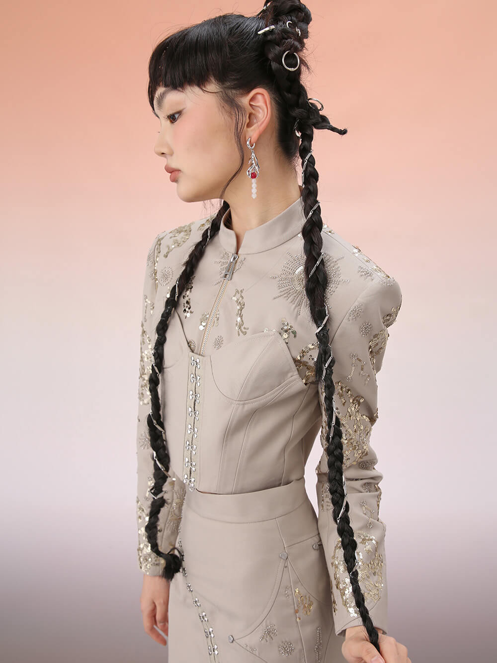 MUKZIN Short Cheongsam Diagonal Collar Paillette Chinese Jacket