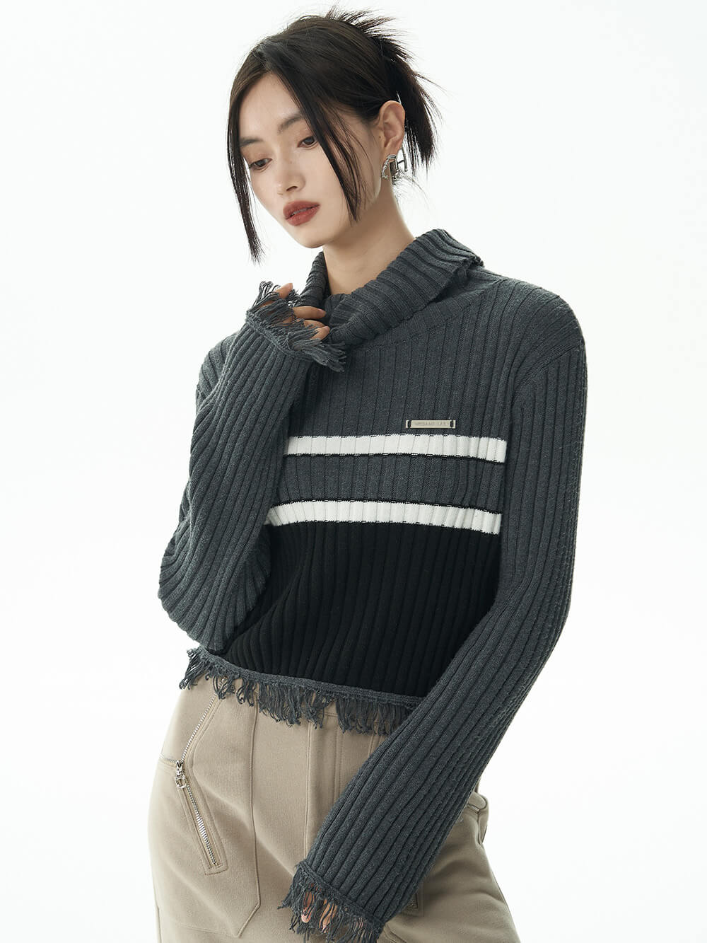 MUKTANK×WESAME LAB Turtleneck Fringe Sweater Grey Bottoming Shirt