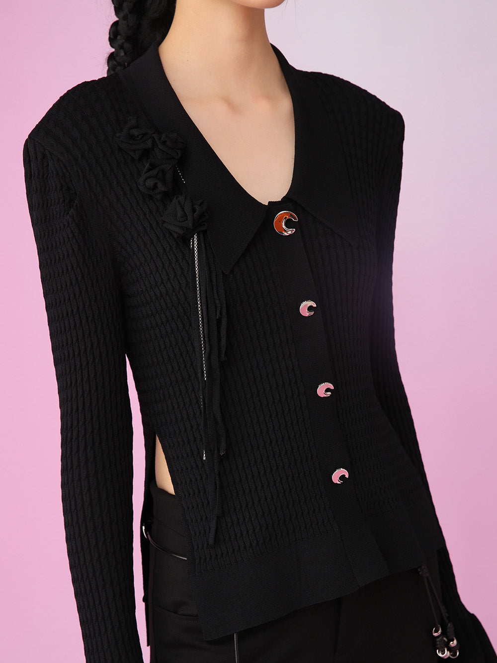 MUKZIN Black Look-thin V-neck Trumpet Sleeve Cardigan