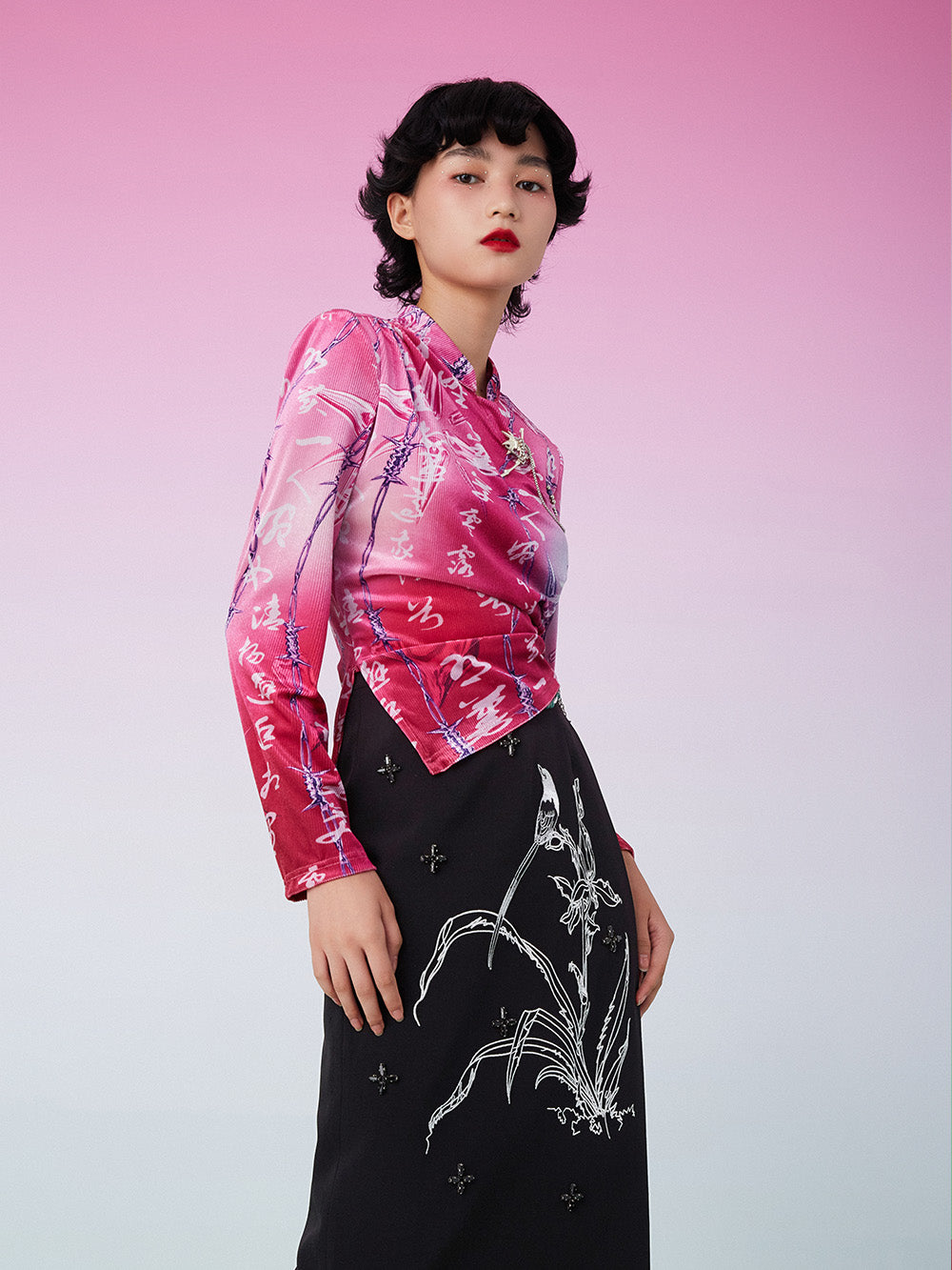 MUKZIN Retro Ruched Print Pink Shirt