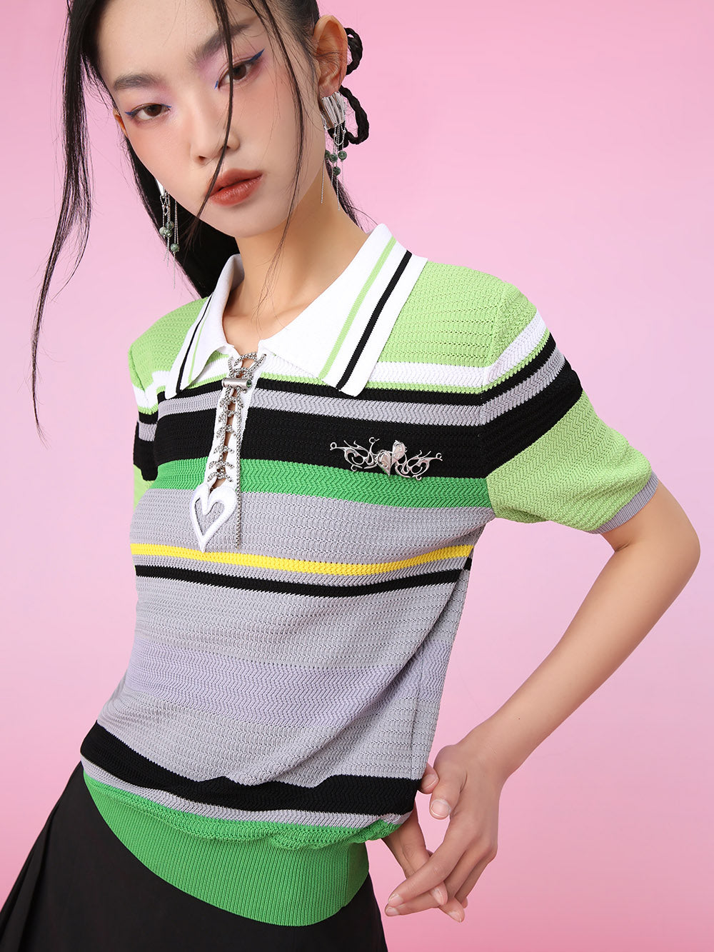MUKZIN Stripe Fresh Polo Neck Unique Knittled T-shirts Knitwear