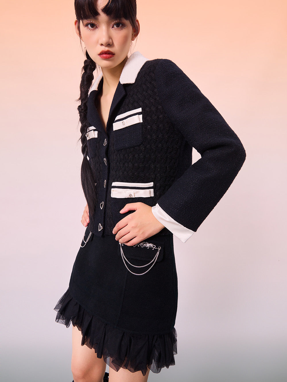 MUKZIN Black Wool Double-fabric Yarn Stitching Fashion Skirt