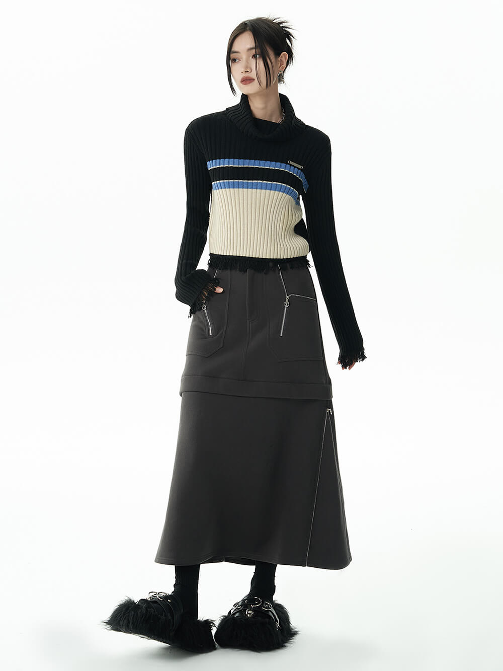 MUKTANK×WESAME LAB Turtleneck Fringe Sweater Black Bottoming Shirt