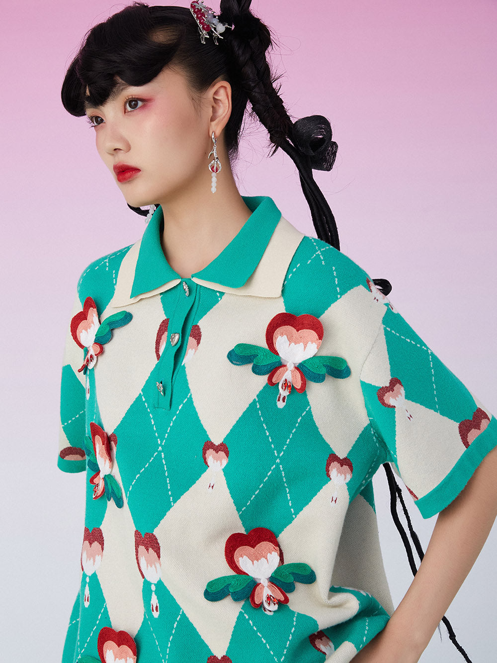 MUKZIN Lapel Loose Patched Green T-shirt