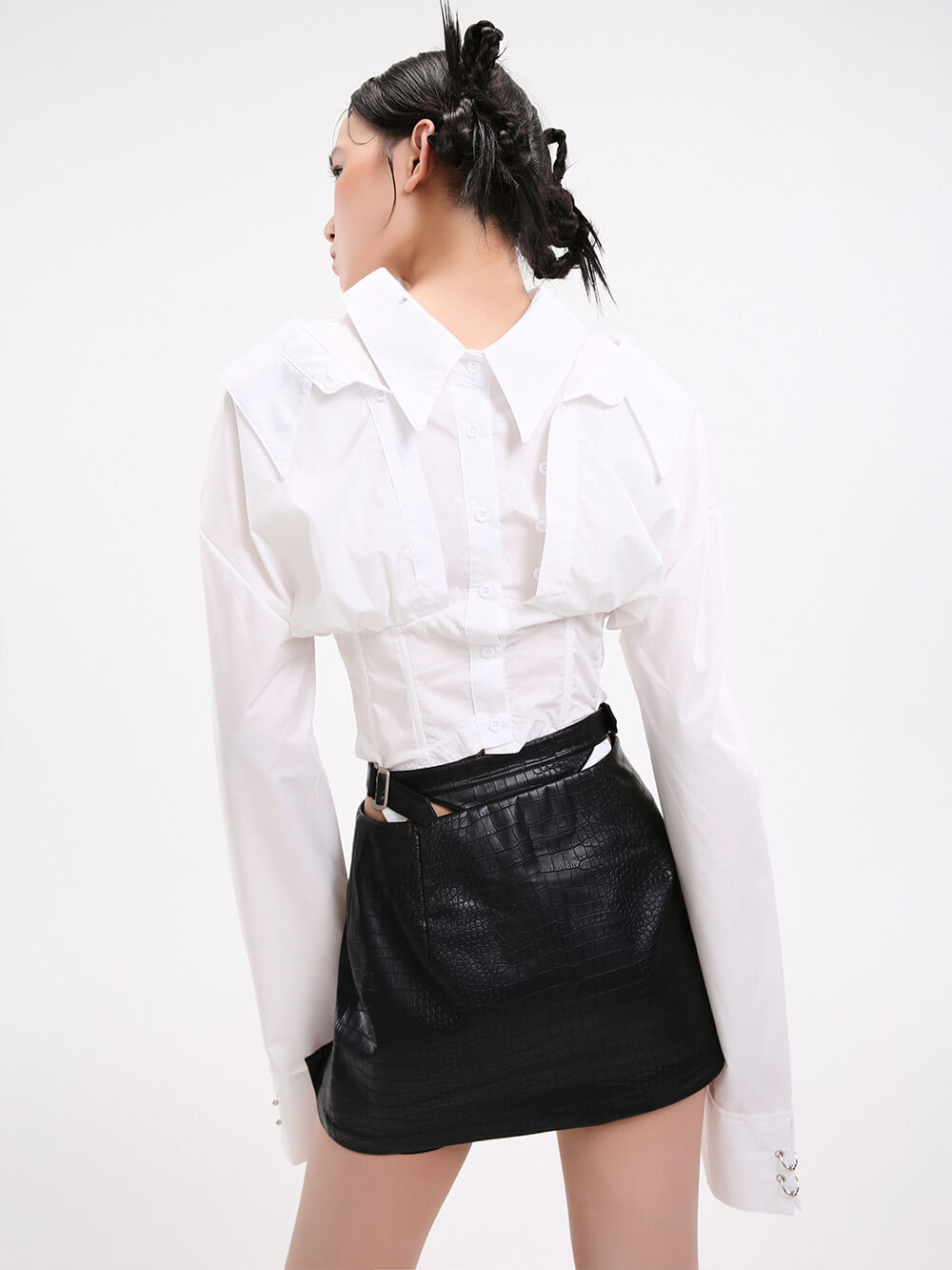 MUKZIN Black Waist Cutout Leather Skirt