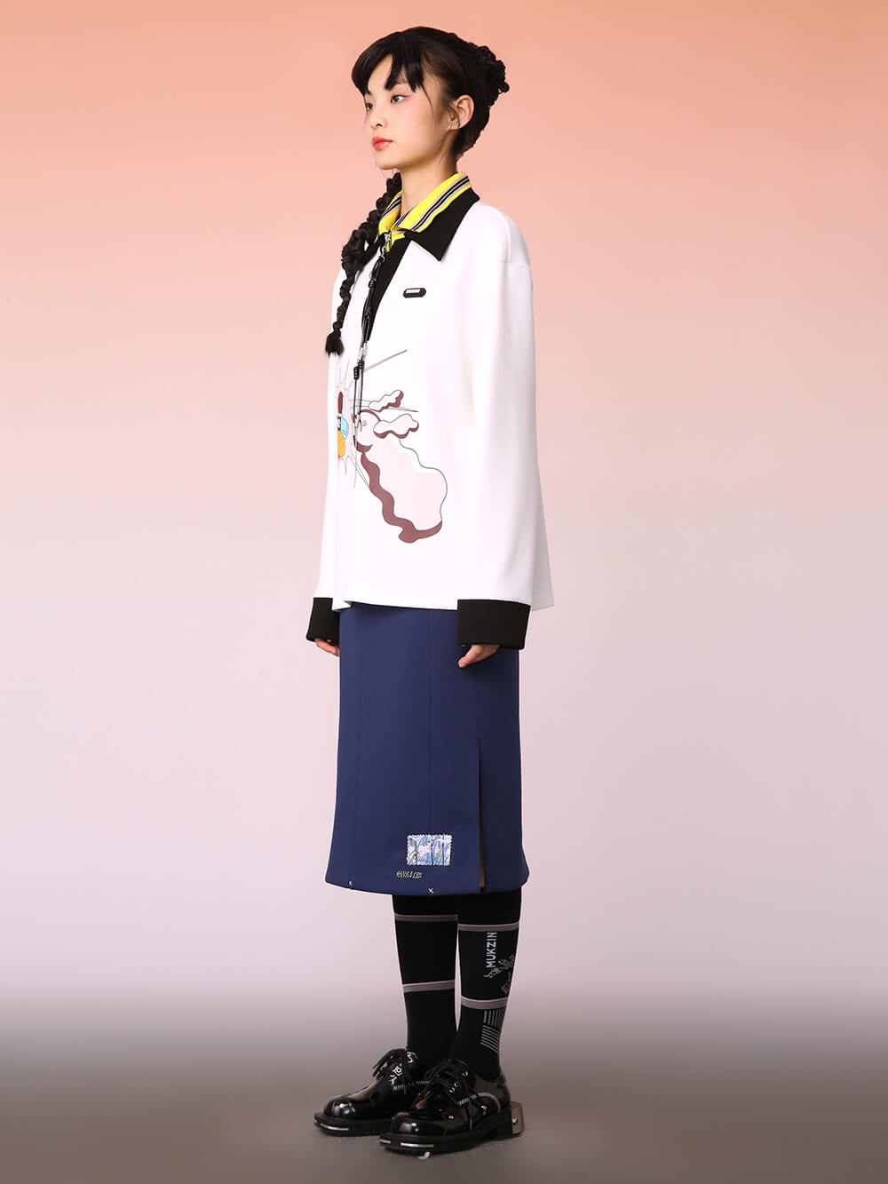 MUKIZN Mid-Length White Double-Neck Polo Sweatshirt
