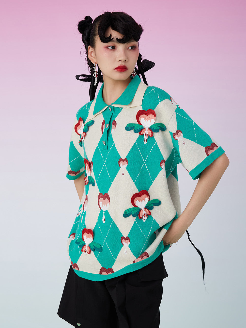 MUKZIN Lapel Loose Patched Green T-shirt