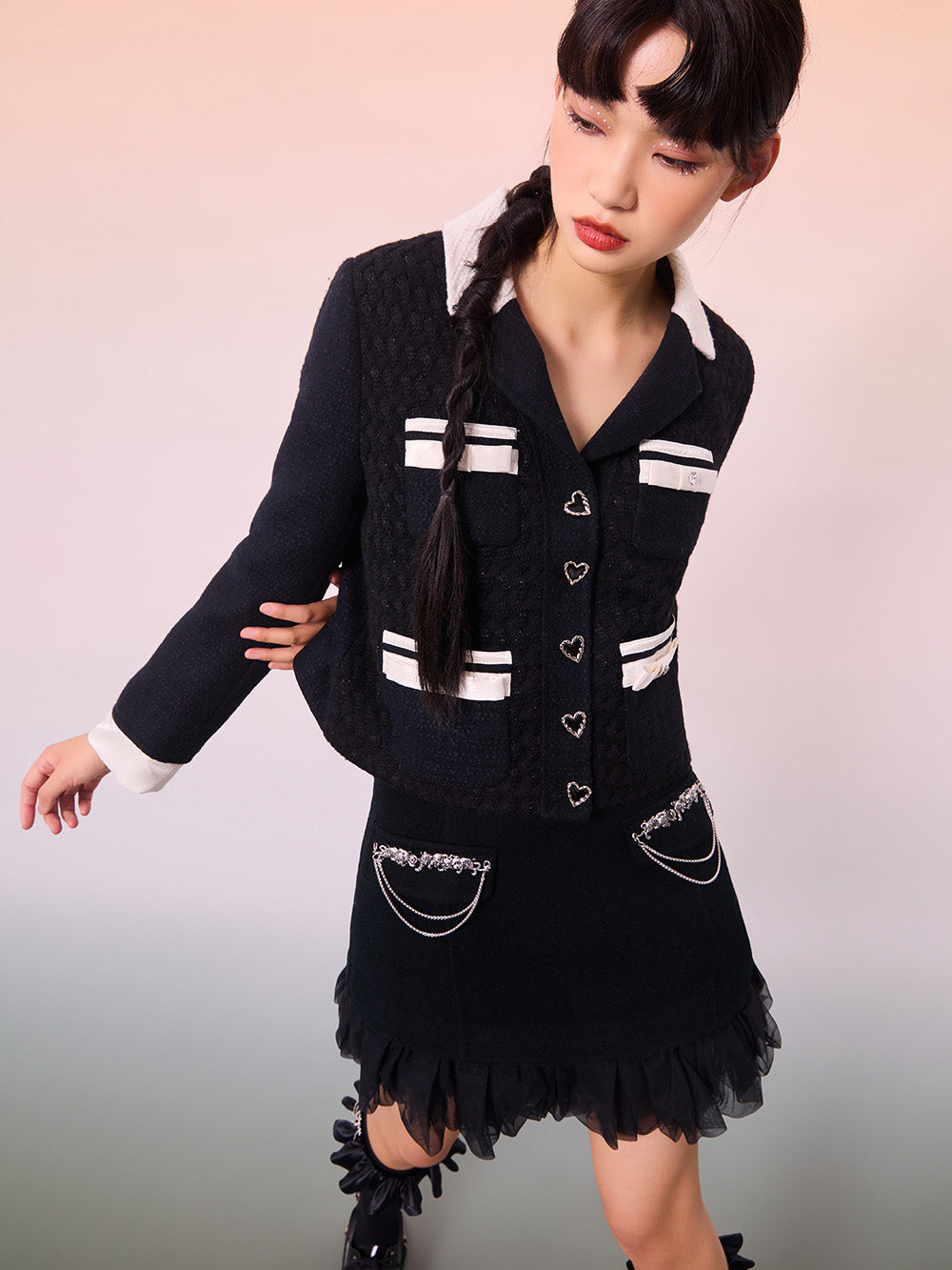 MUKZIN Black Wool Double-fabric Yarn Stitching Fashion Skirt