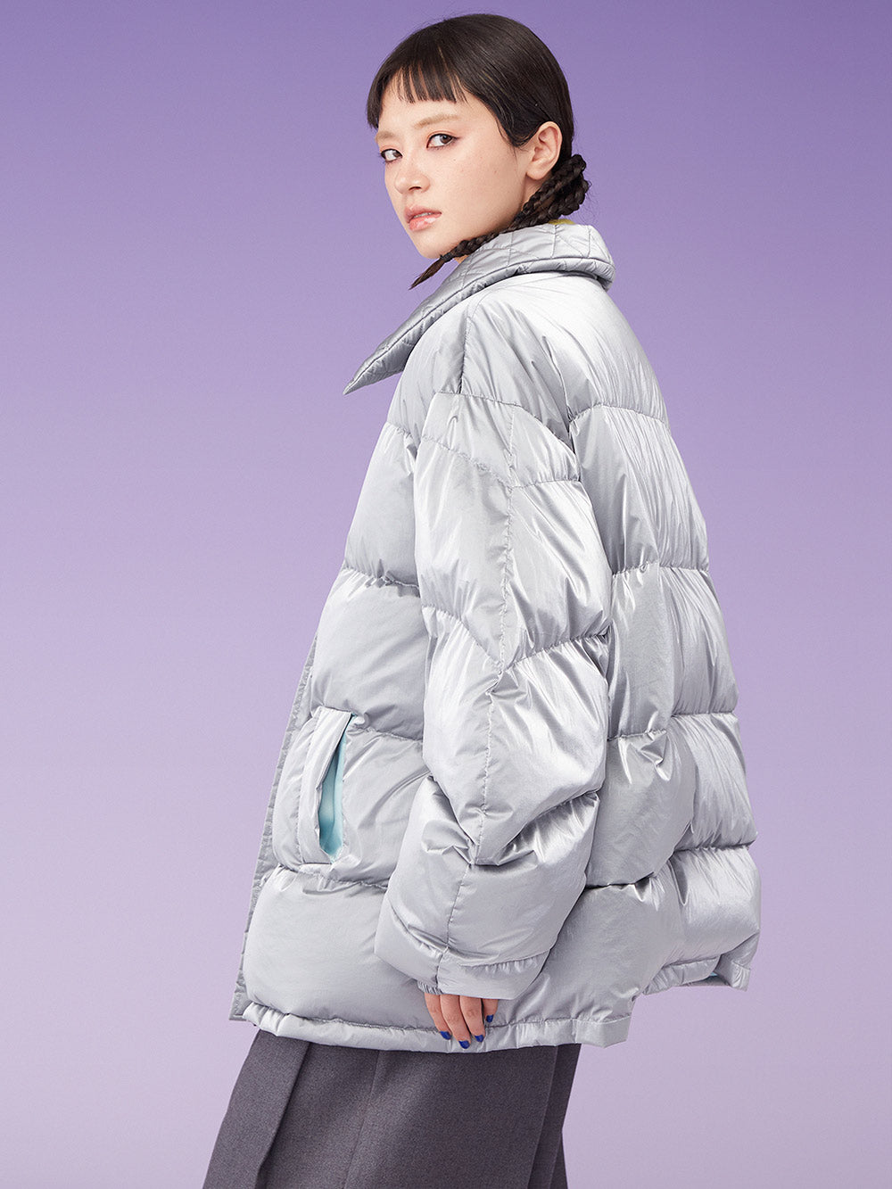 MUKZIN Lapel Floral Padded Oversize Grey Down Jacket