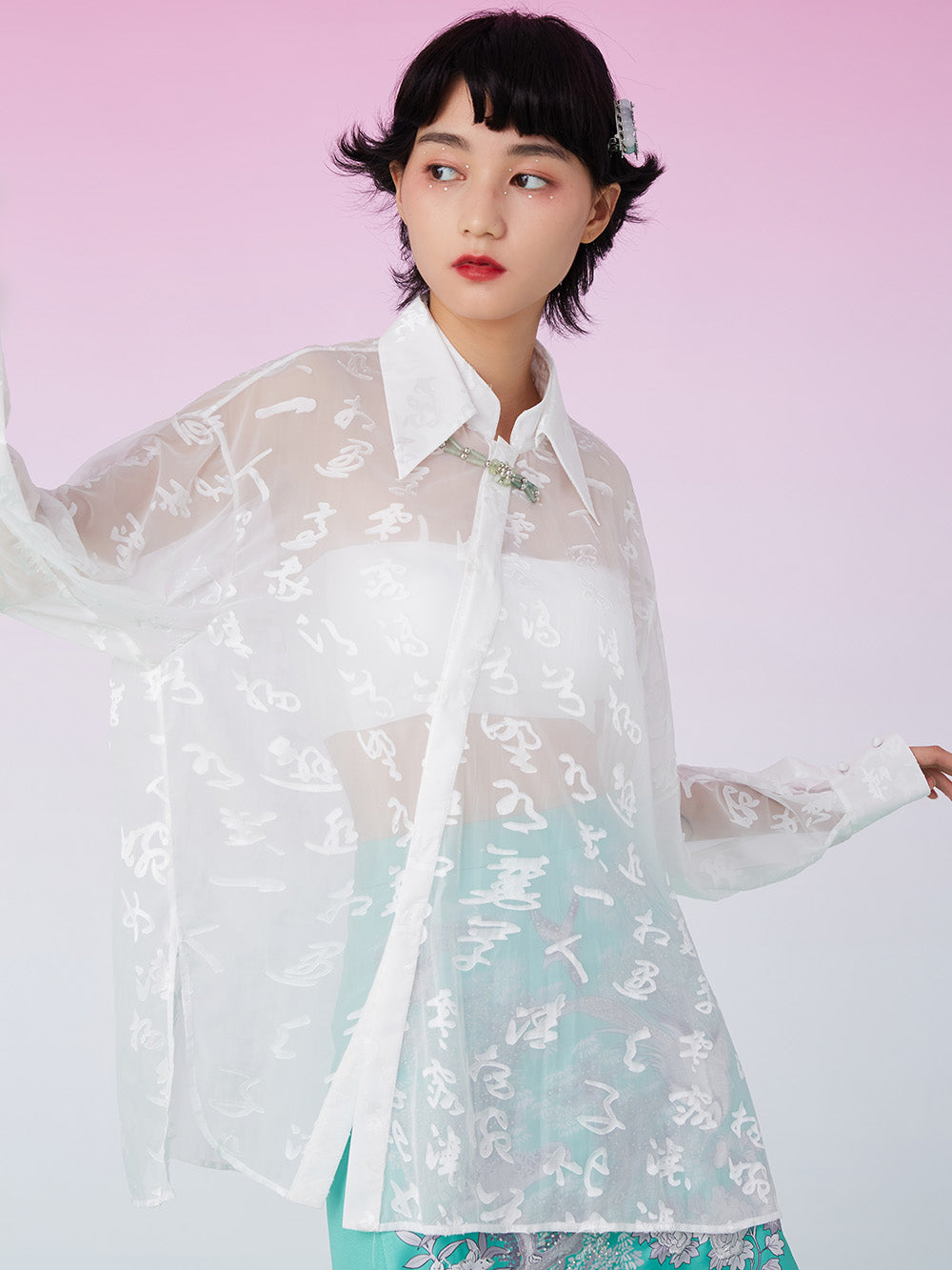 MUKZIN Sheer Lapel Oversize White Shirt
