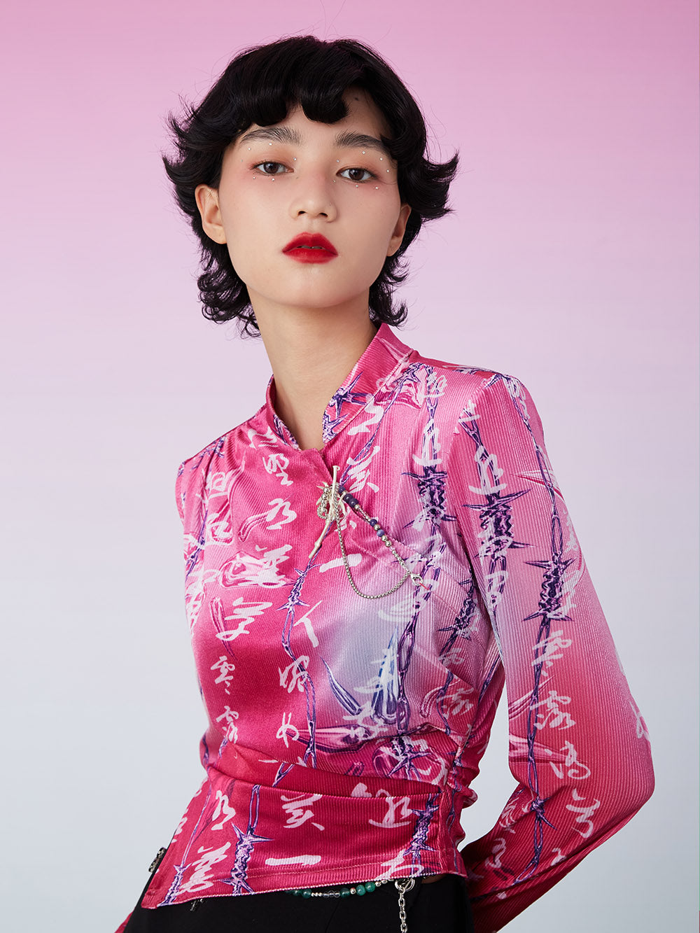 MUKZIN Retro Ruched Print Pink Shirt