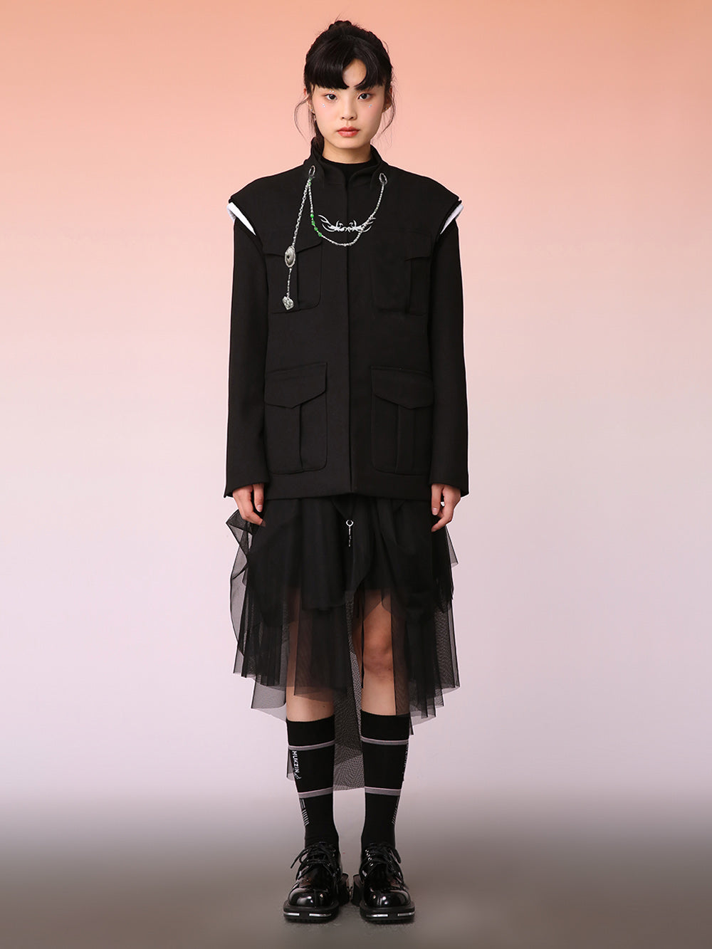 MUKZIN Black mid-length Tang Suit Design Down Jacket